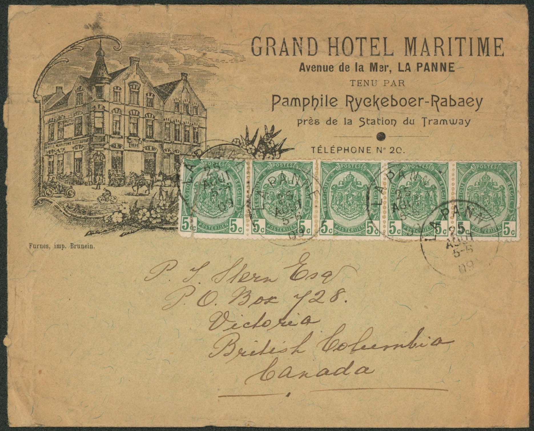 n°83 en bande de 5 sur lettre illustrée (Grand hotel maritime) expédié de La panne > British Columbia (Canada)