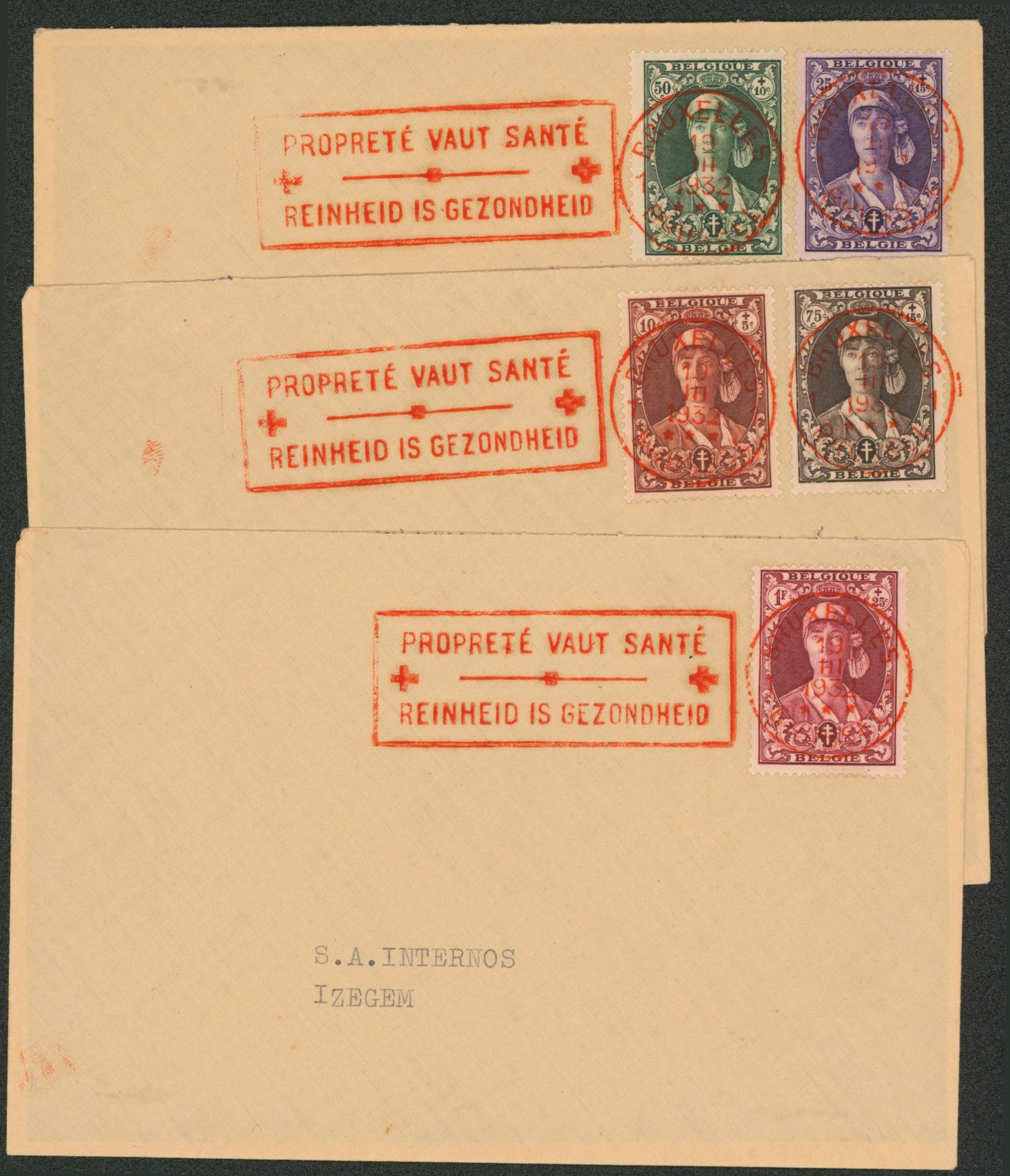 Antituberculeux (S.M. Reine elisabeth) - série complète sur 5 enveloppes obl mécanique rouge "Bruxelles" + flamme (croix-rouge) PROPRETE VAUT SANTE / REINHEID IS GEZONDHEID"
