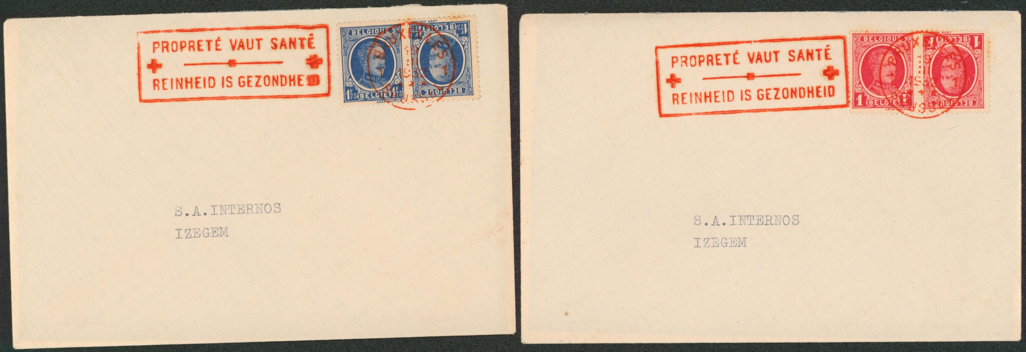 KP1/2 sur deux enveloppes obl mécanique rouge "Bruxelles" + flamme (croix-rouge) PROPRETE VAUT SANTE / REINHEID IS GEZONDHEID"