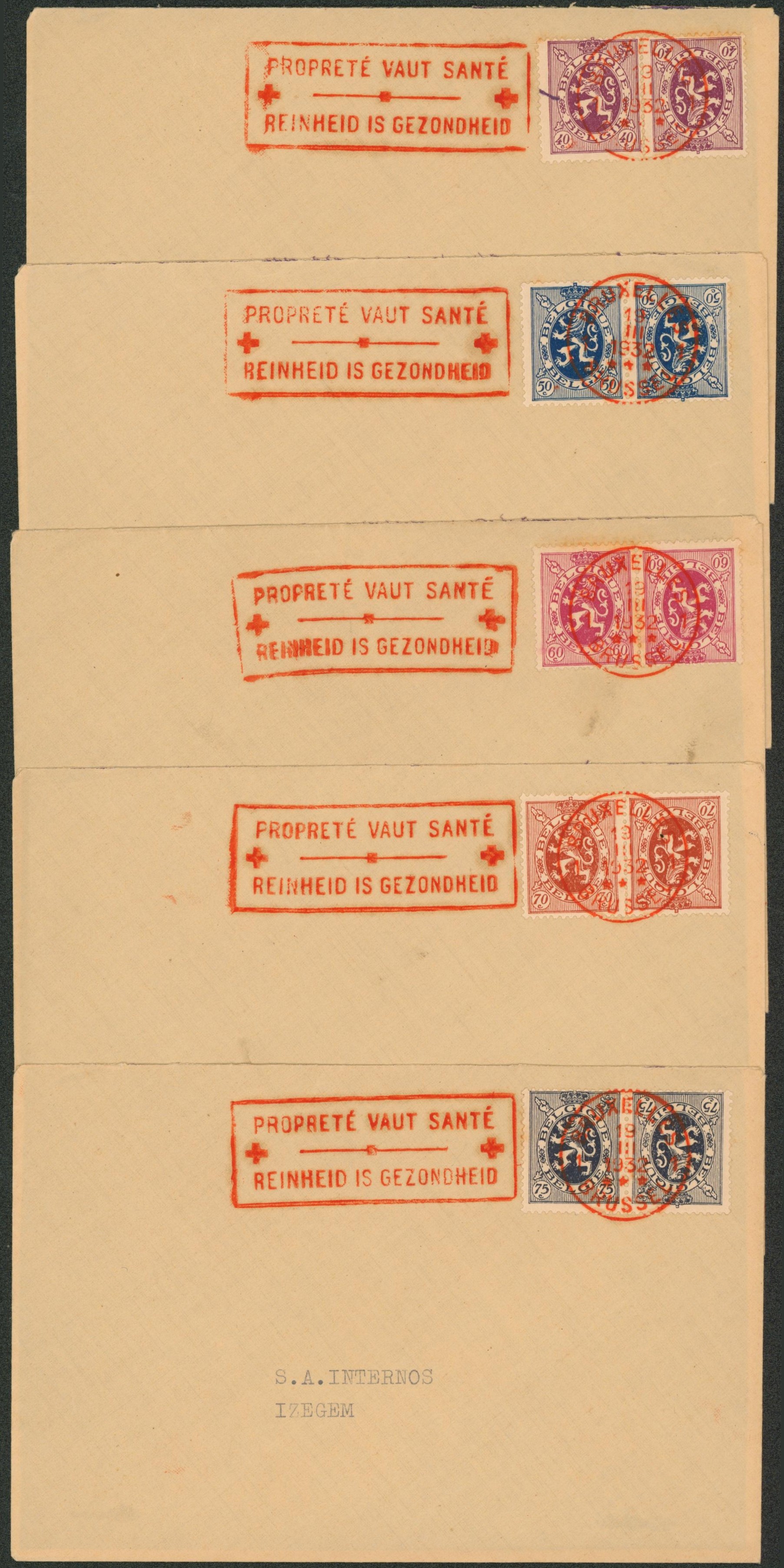 K3/11 sur 7 enveloppes obl mécanique rouge "Bruxelles" + flamme (croix-rouge) PROPRETE VAUT SANTE / REINHEID IS GEZONDHEID"