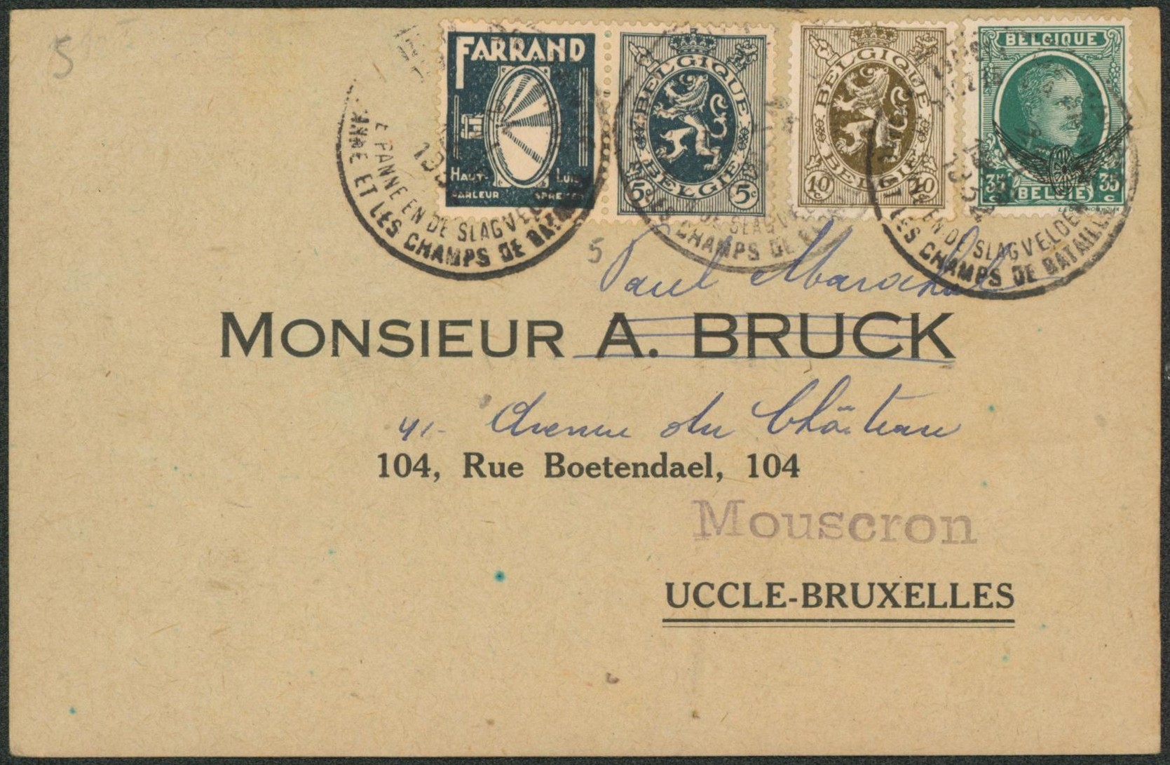 n°280, PU5 et S3 sur avis de passage expédié de Bruxelles > Uccle, transmis à Mouscron. 