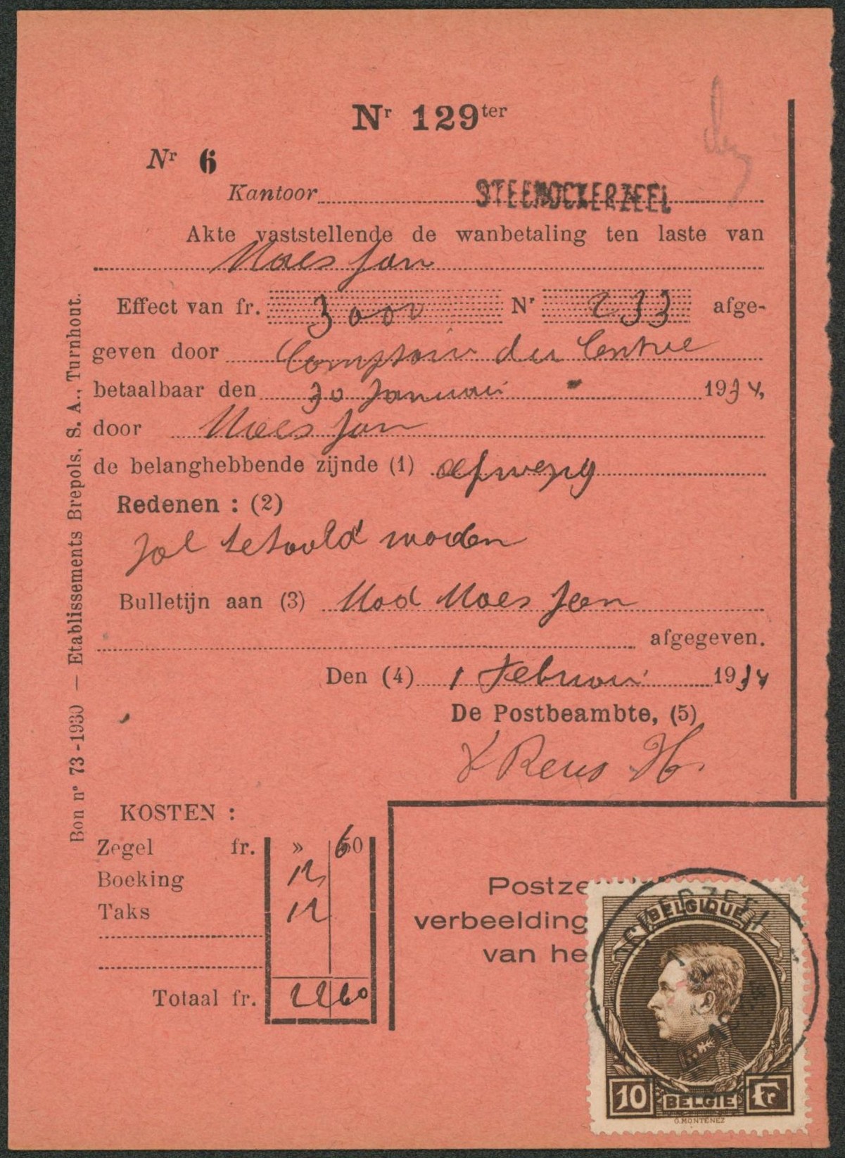 Grand montenez - n°289 sur protet (n°129Ter) + griffe du bureau et oblitération STEENOCKERZEEL