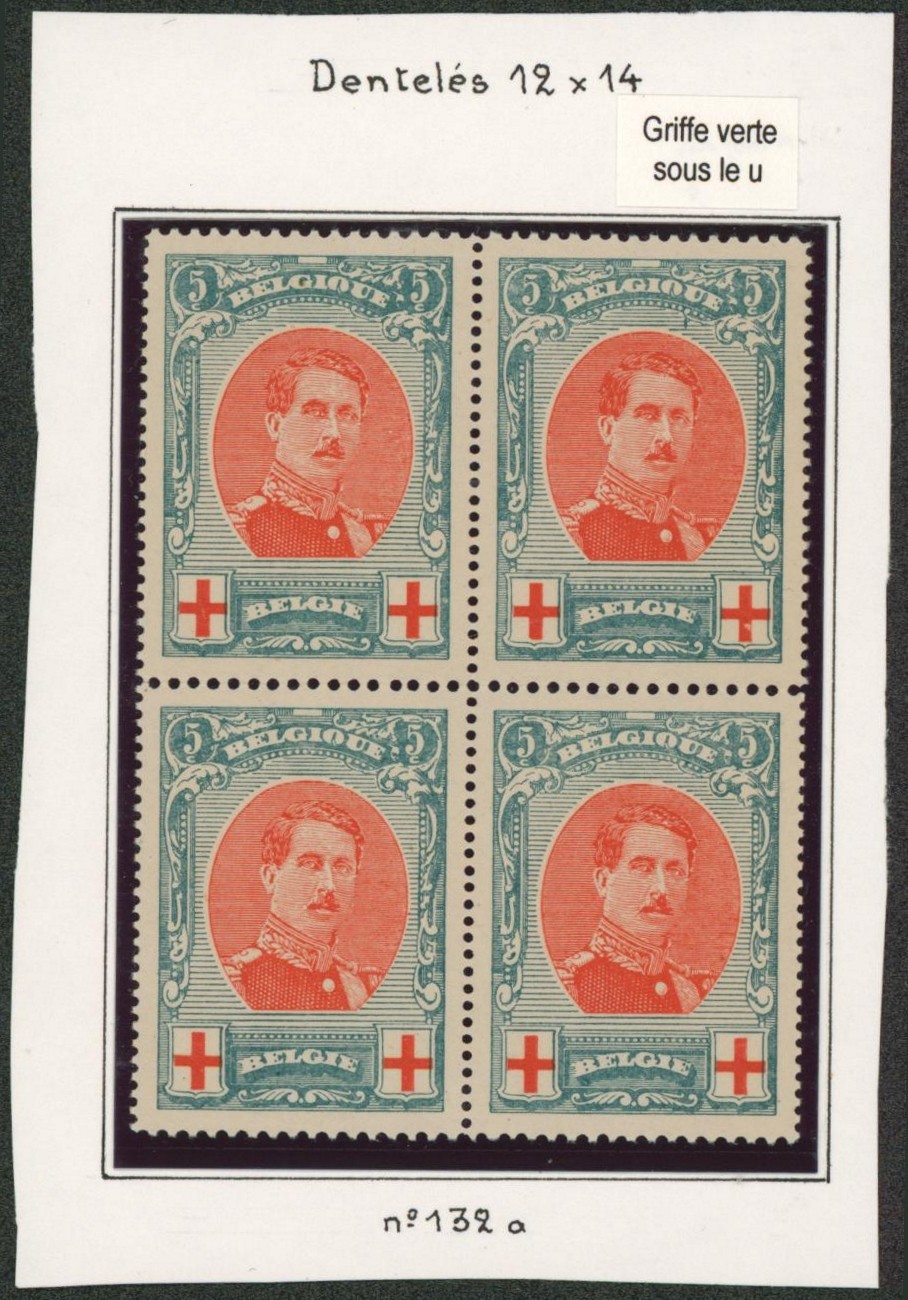 Croix-rouge - n°132A en bloc de 4** (MNH) + variété : frange sous le U de BELGIQUE