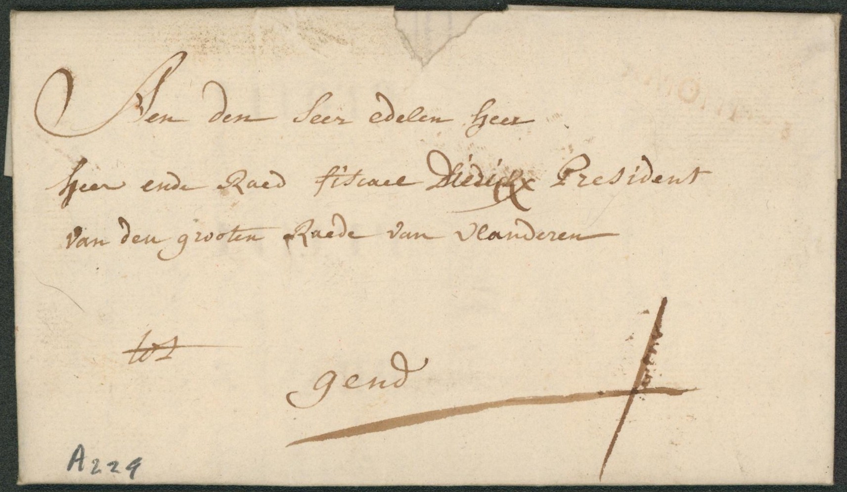 LAC datée de Termonde (23 mars 1782) + griffe en creux TERMONDE, texte en latin, port I > Gend 