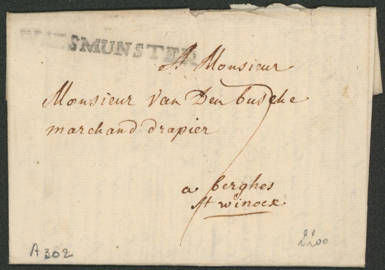 LAC datéed de Waesmunster (28 juin 1786) + obl linéaire noir WAESMUNSTER, port "7" > Bergues (France). "