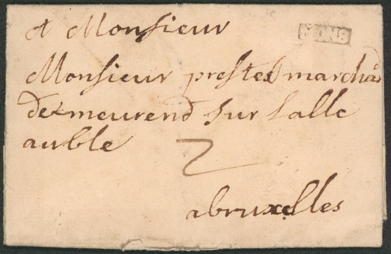 LAC datée de Mons + marque de départ encadré noir sur blanc MONS, port 2 sols > Bruxelles. 