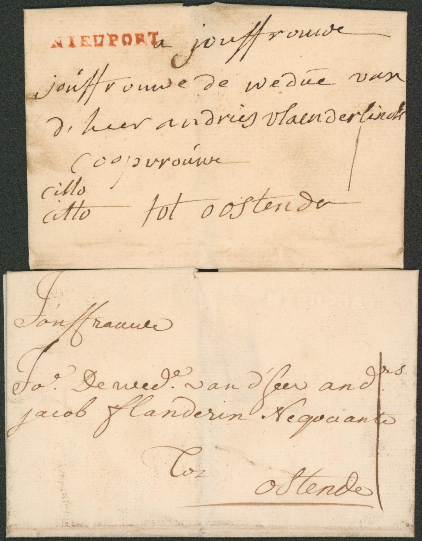 Ensemble de 2 LSC obl linéaire rouge NIEUPORT + griffe en creux NIEUPORT, une avec inscription "Citto Citto", port 1 sol > Oostende. Un avec filigrane C & I HONIG (produit du papier à base de chiffons)"