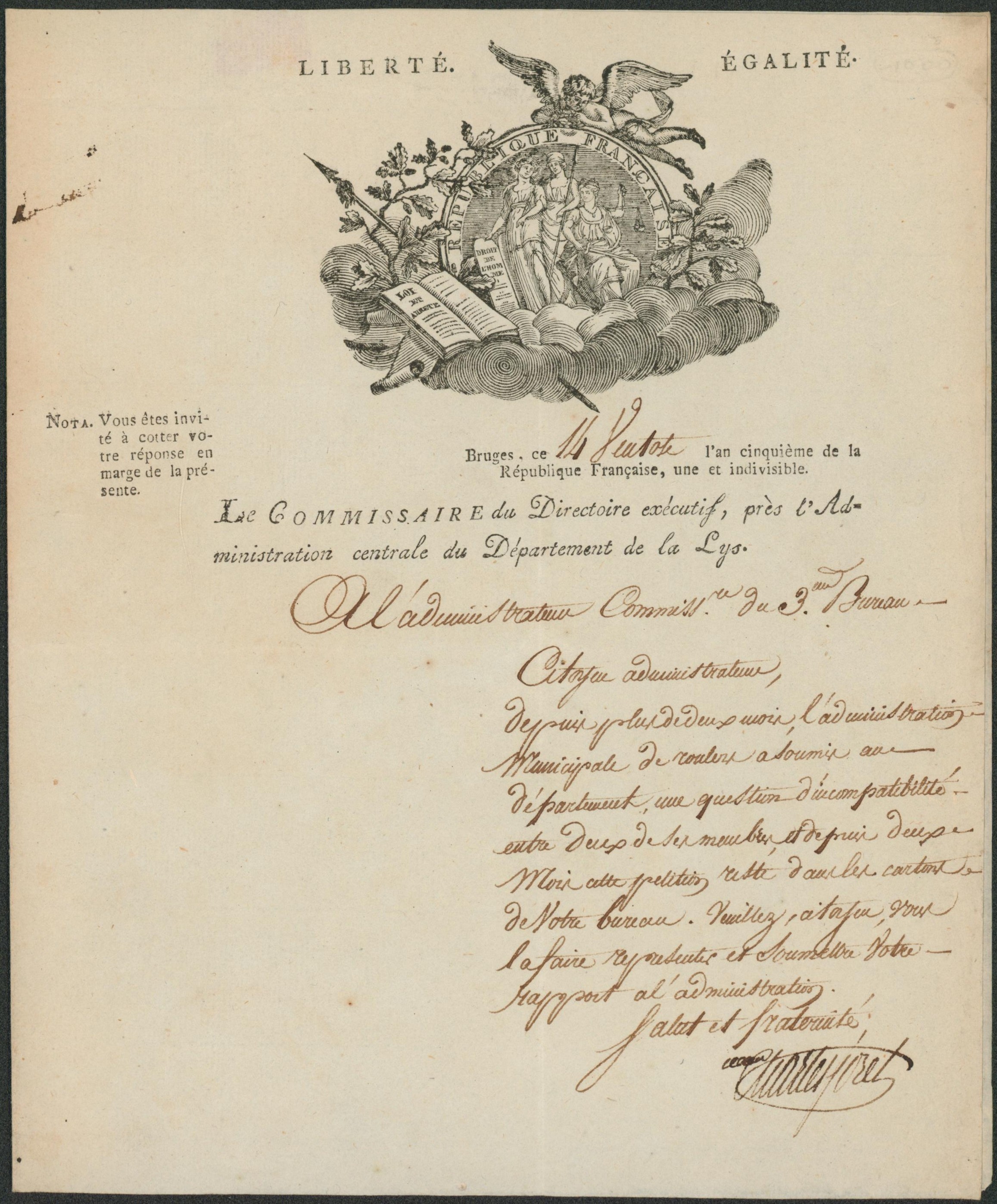 LAC illustrée datée de Bruges 14 ventôse an V, le commissaire du directoire executif près de l'administration centrale du département de la lys > Bruges. Verso cachet du département de la lys en rouge. TTB 