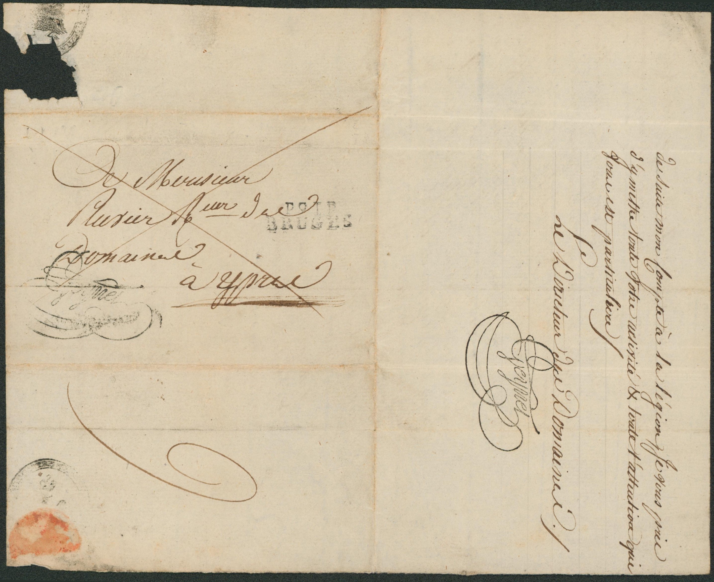 LAC non datée (période française), texte + cachet linéaire P91P / BRUGES, signature au tampon de l'expéditeur > Ypres. Port payé 6 décimes.