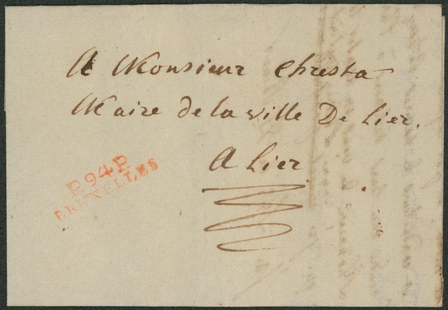 LAC en port payé de Bruxelles çàd obl linéaire rouge P94P / BRUXELLES (type 6) > Lier (Lierre) 
