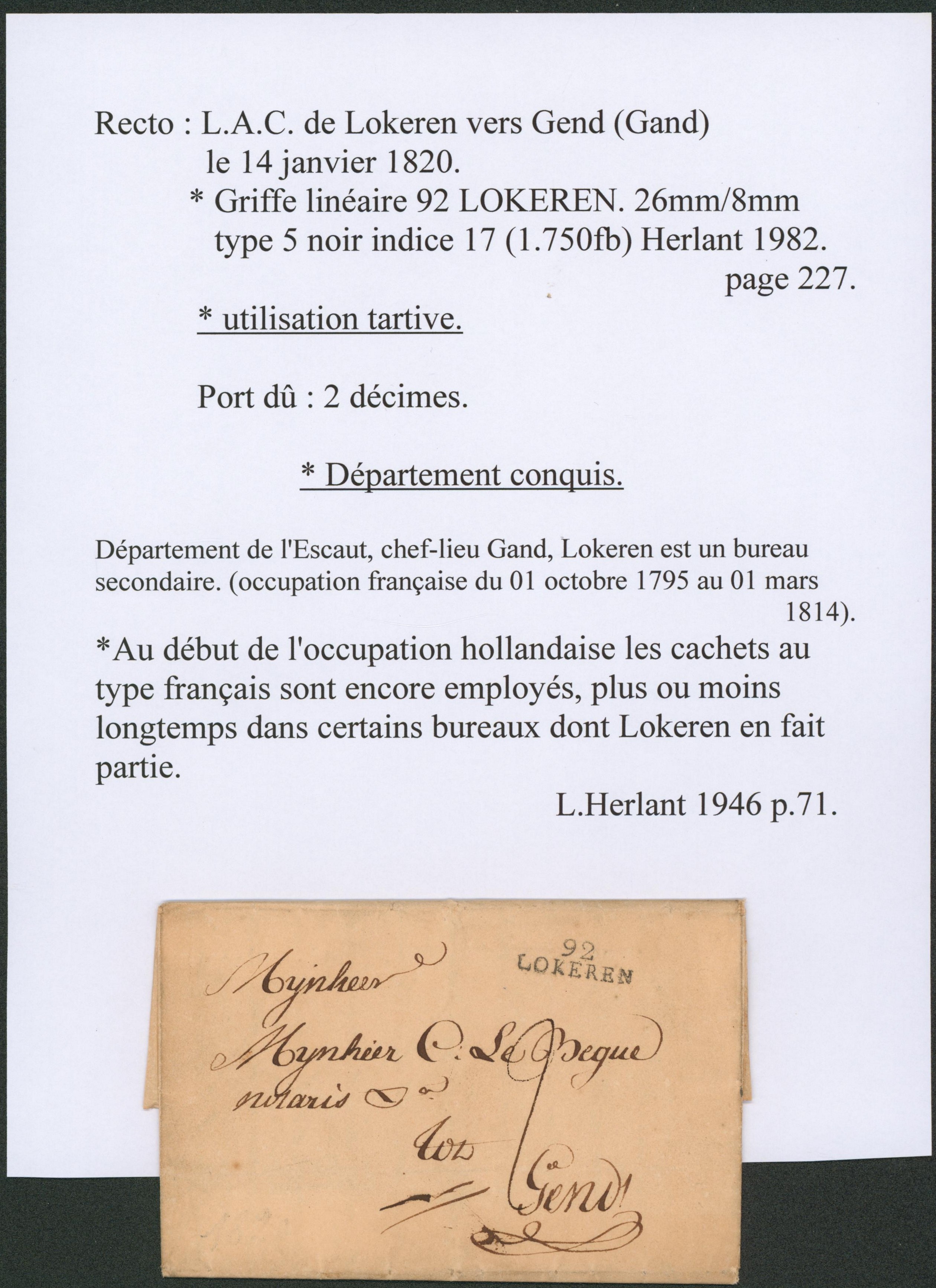 LAC datée de Lokeren + obl linéaire noir 92 / LOKEREN (utilisation tardive), port 2 décimes > Gend. 