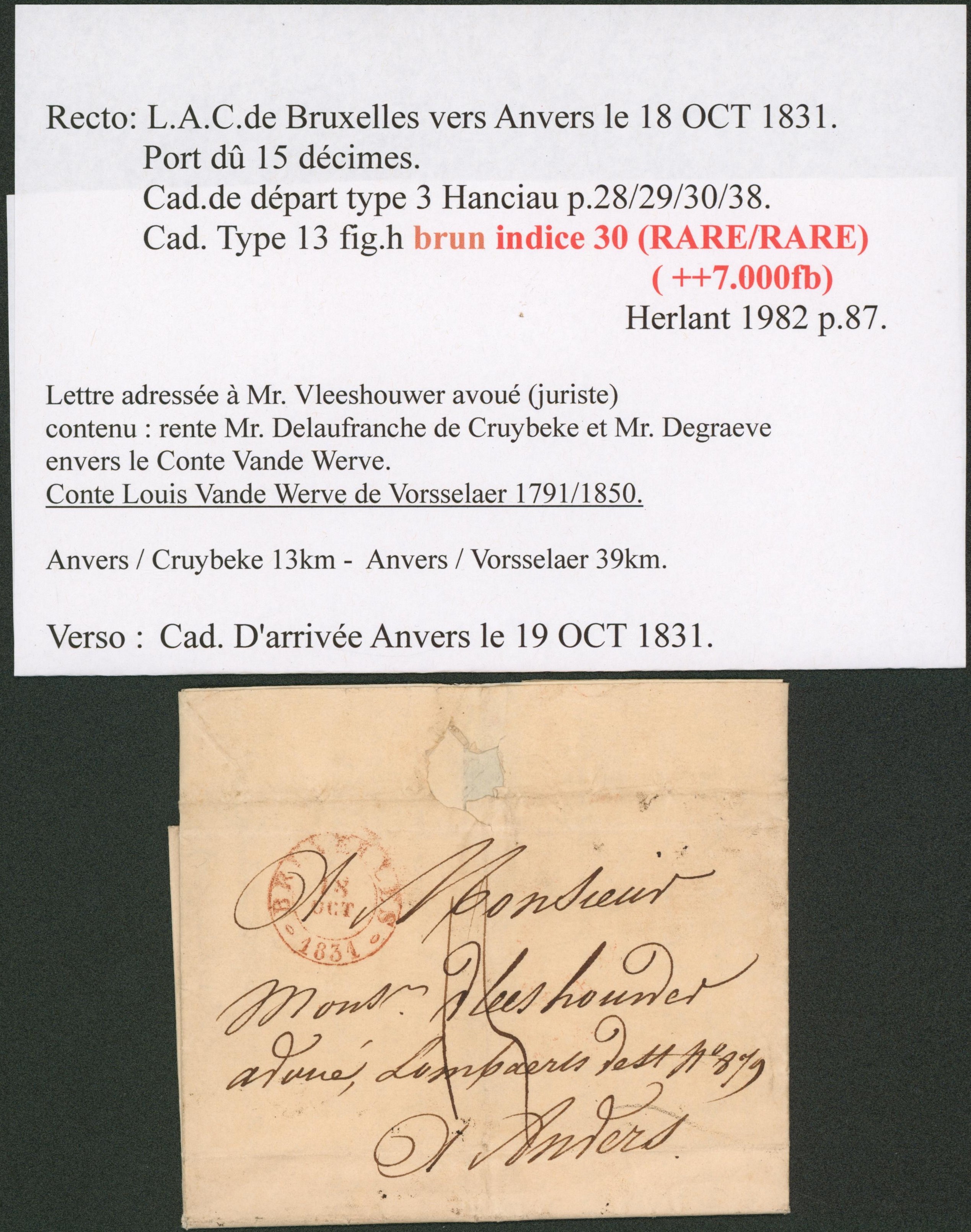 LAC datée de Bruxelles çàd cachet type 13 à perles (brun, indice 30 Herlant RR), port 15 décimes > Anvers. Texte avec signature se terminant par une arabesque (DARA) type maçonnique + illustration. 