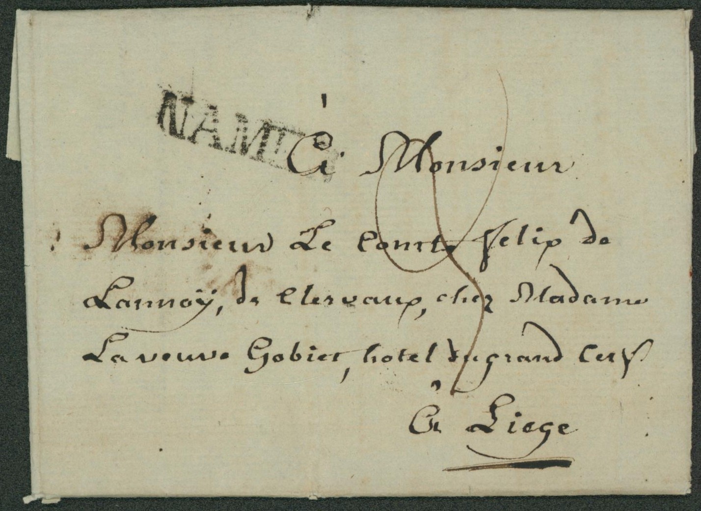 LAC datée de Namur + obl linéaire noir NAMUR, port 3 décimes > Monsieur le comte felix de Lannoy, de clervaux à Hotel du grand cerf à Liège. 