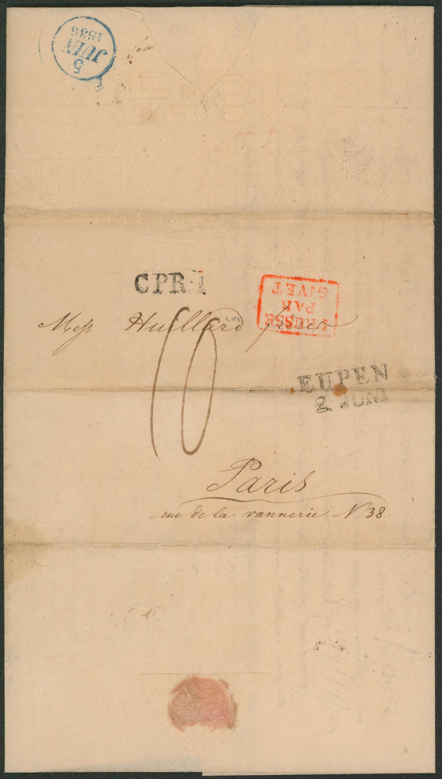 LAC datée de Eupen + obl linéaire noir EUPEN / 2 JUNI, marque de rayon CPR1 (Prusse premier rayon), encadré rouge "Prusse par Givet", port 10 décimes > Paris. TTB "