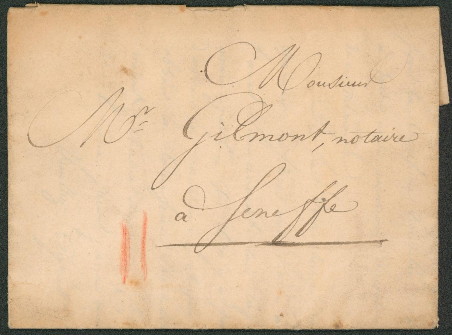 LAC datée de Roeulx (Le Roeulx) 27/04/41 port II à la craie rouge (type de port rencontré lors de la période Pays-Bas Espagnol), expédié sûrement par porteur (messager) > Seneffe