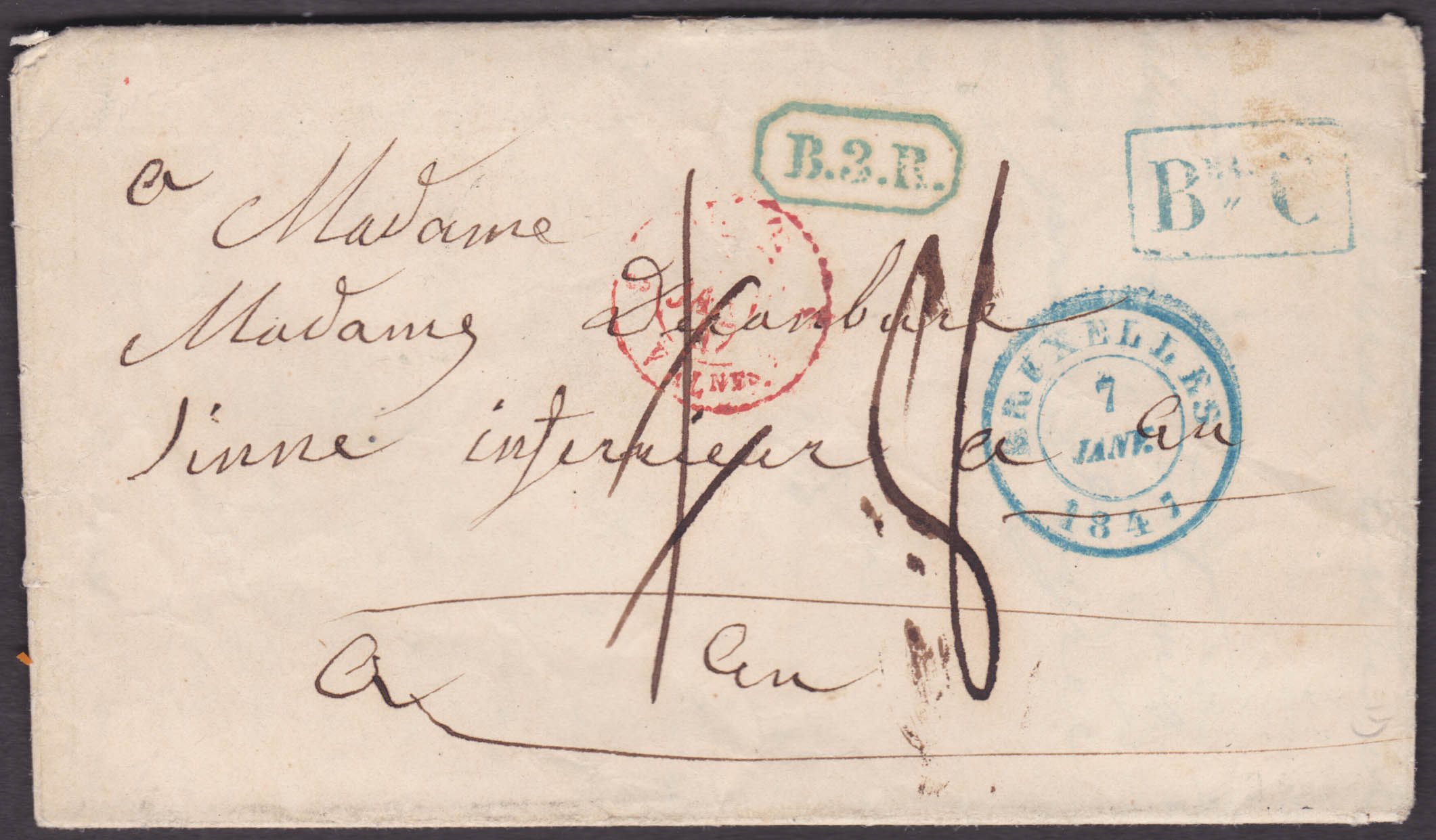 LAC datée de BXL 5/1/1847 vers la ville. "B.3.R." et "Beau C". Port "8" décimes."