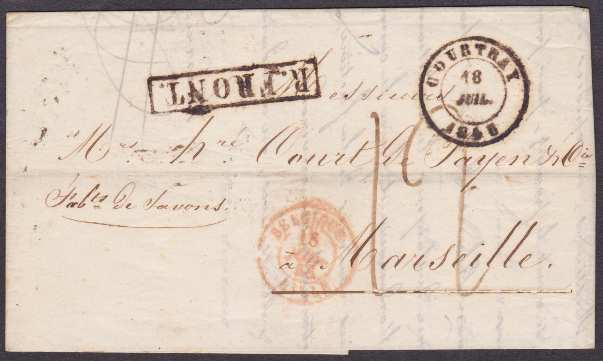 LAC obl Courtrai 18/7/1848 (en noir) vers Marseille. "R. Front" encadré en noir. Port 12 déc."