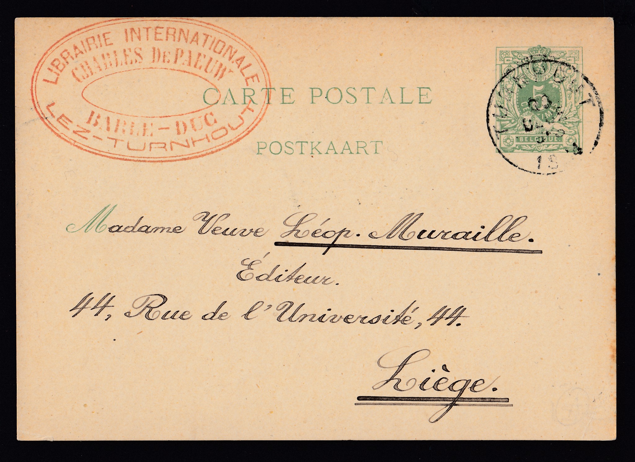 Ep5c type « Lion couché -Tp 45 » de Turnhout le 27 dec 1884 vers Liège.