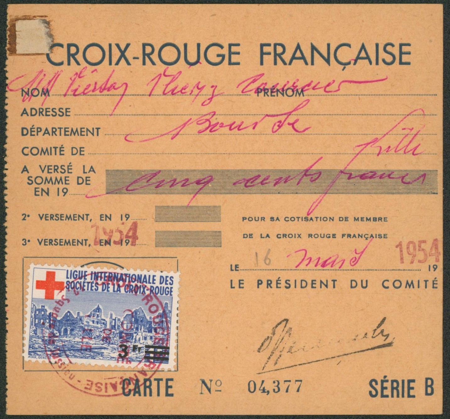 Carte d'adhérent à la croix rouge française (500 Frs) 1954