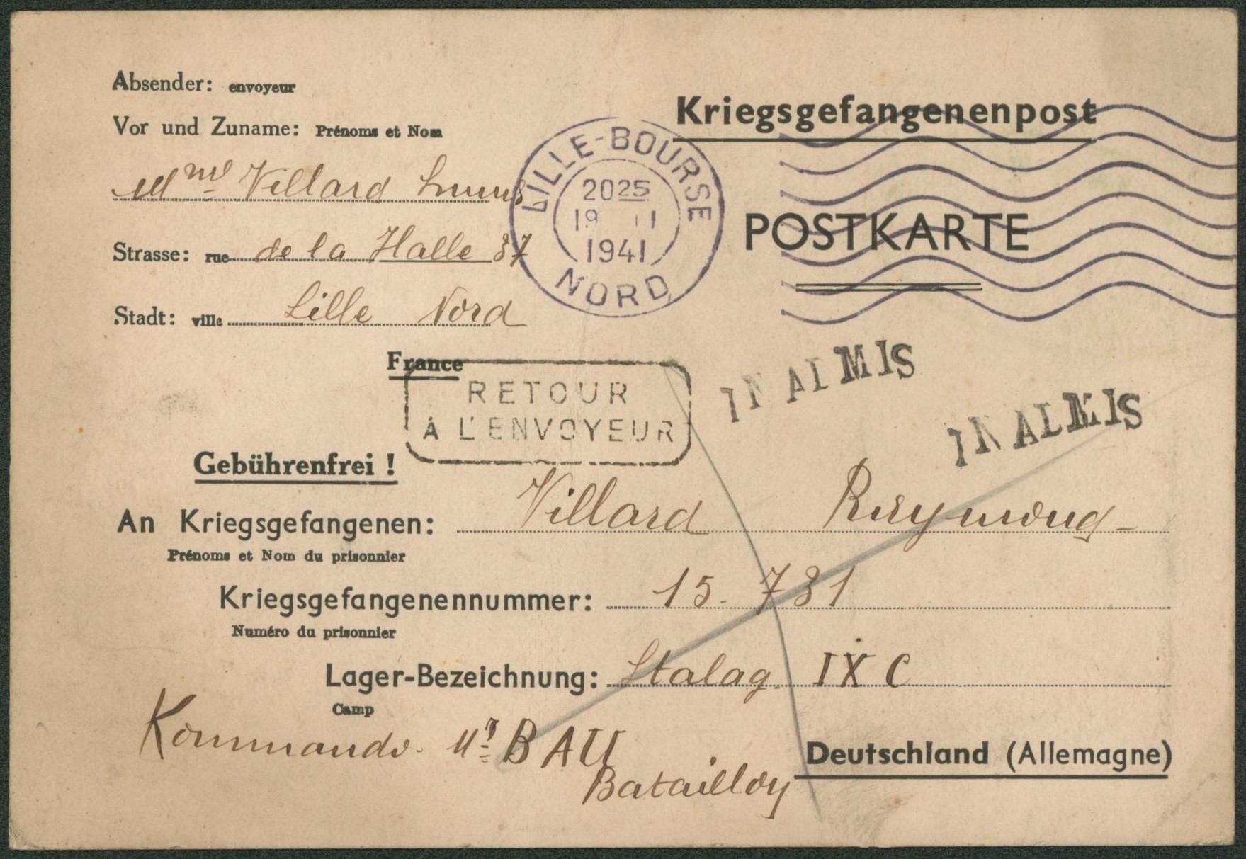 Carte de prisonnier (Postkarte) expédié de Lille-Bourse (nord) > Stalag IX C / Texe + griffe INADMIS x2, retour à l'envoyeur. 