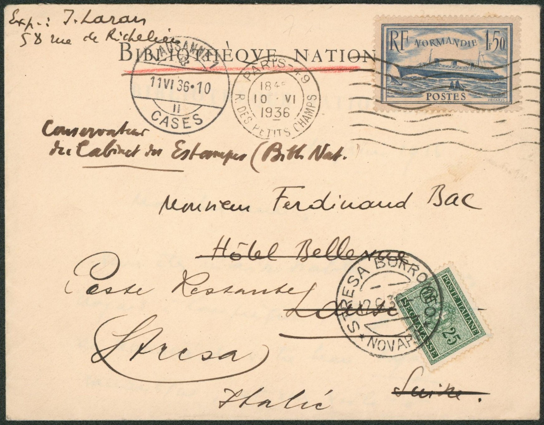 Yv n°300 seul sur lettre expédié de Paris > Ferdinand Bac (écrivain) à Hotel bellevue à Lausanne (Suisse) redirigé vers Stresa Borromeo (Italie) çàd taxe italienne