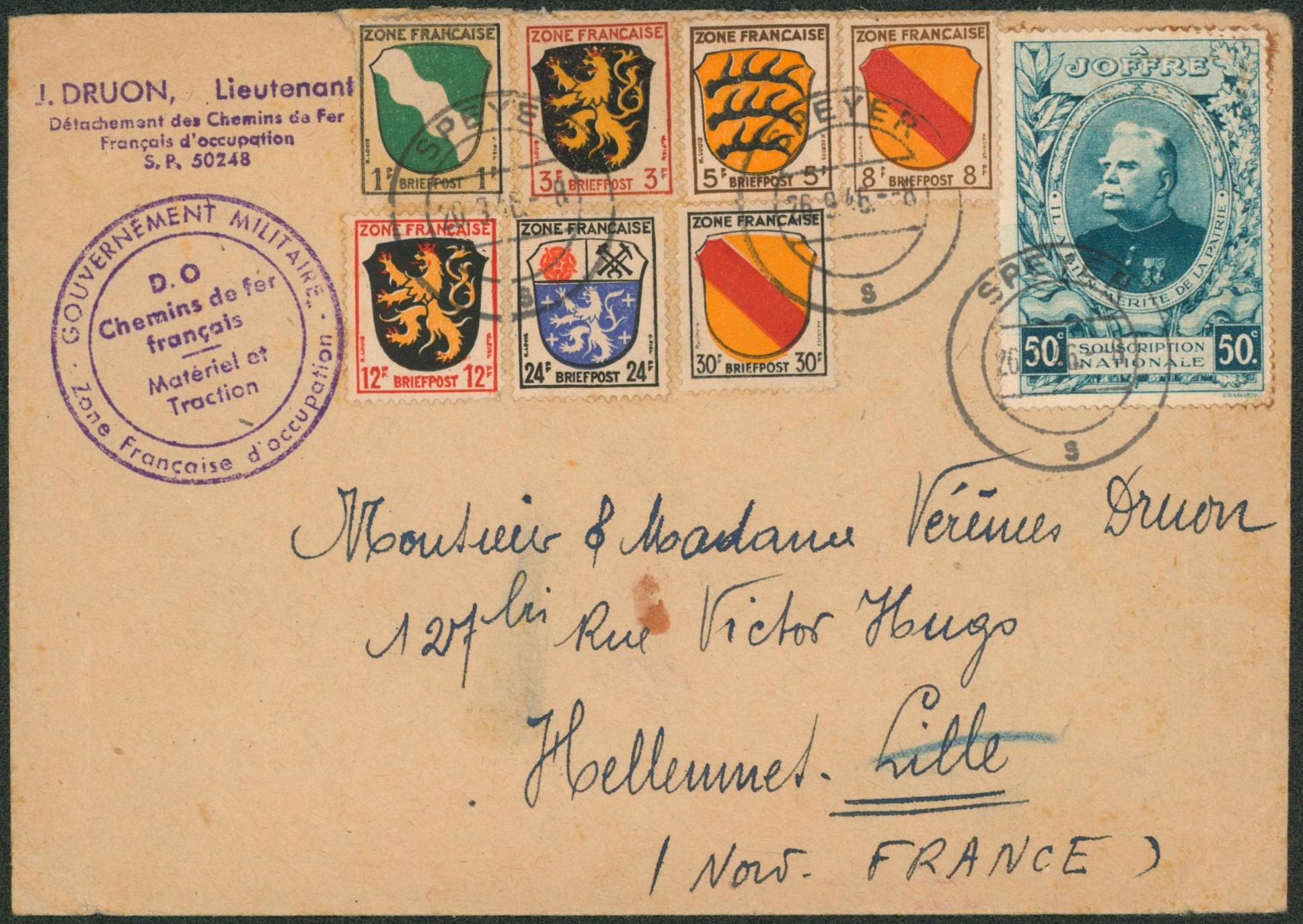 Lettre gouvernement militaire / Zone française d'occupation / D.O. chemin de fer français çàd timbre blason Briefpost + vignette obl allemande Speyer > Lille (Nord). 