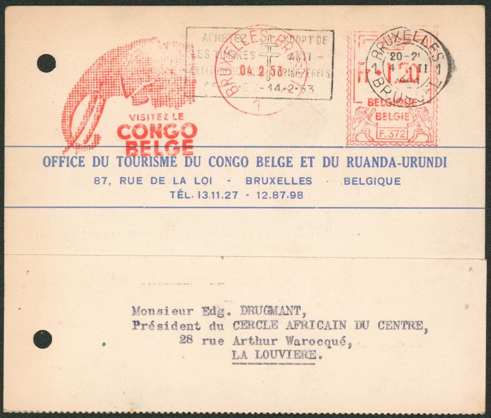 Imprimé (office du tourisme du congo belge et du Ruanda-Urundi) + Affranch. Mécanique 1F20 + flamme "visitez le congo belge", de Bruxelles > La Louvière / trou d'archive. "