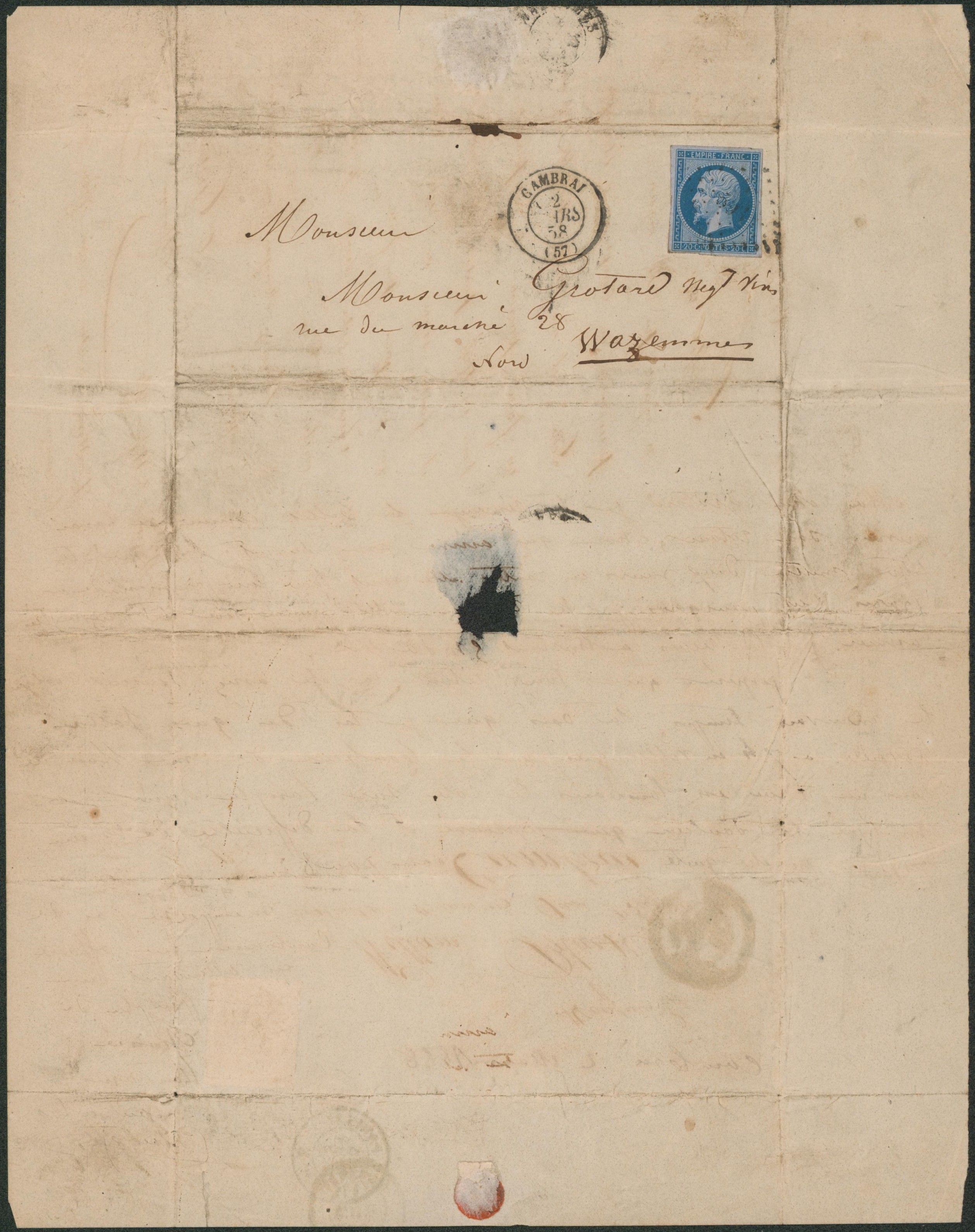 France - Napoléon non dentelé 20ctm bleu sur LAC expédié de Lille > Cambrai, réexpédié par 20ctm de Cambrai > Lille / Texte.  TB 