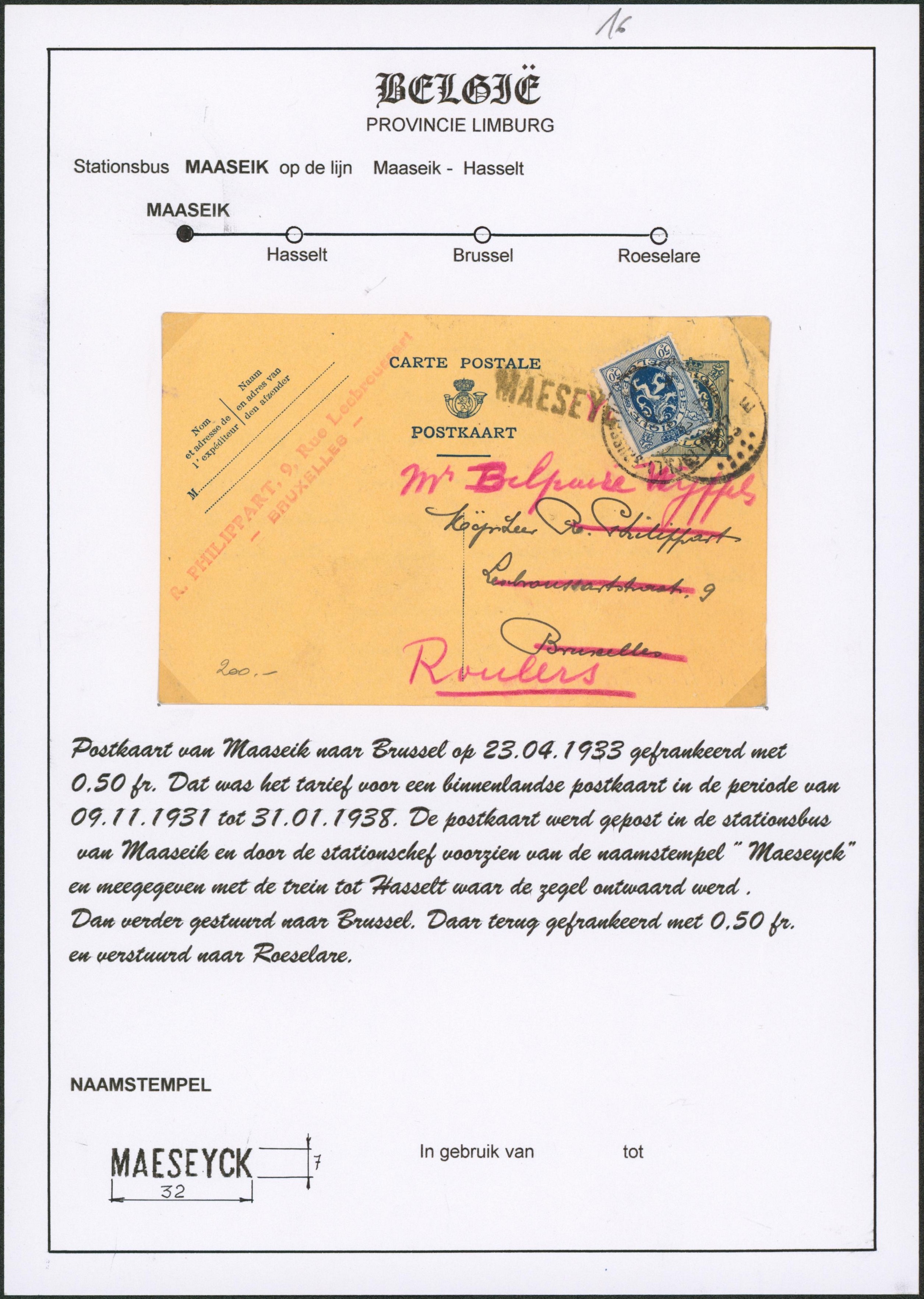 Page de collection - EP au type 50ctm bleu expédié de Hasselt + griffe à l'origine MAESEYCK > Bruxelles, réexpédié + Affranchissement de Bruxelles > roulers. 