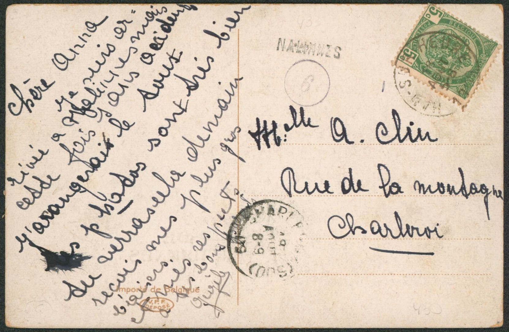 n°83 sur CP expédié de Ham-sur-heure + griffe à l'origine NALINNES > Charleroi