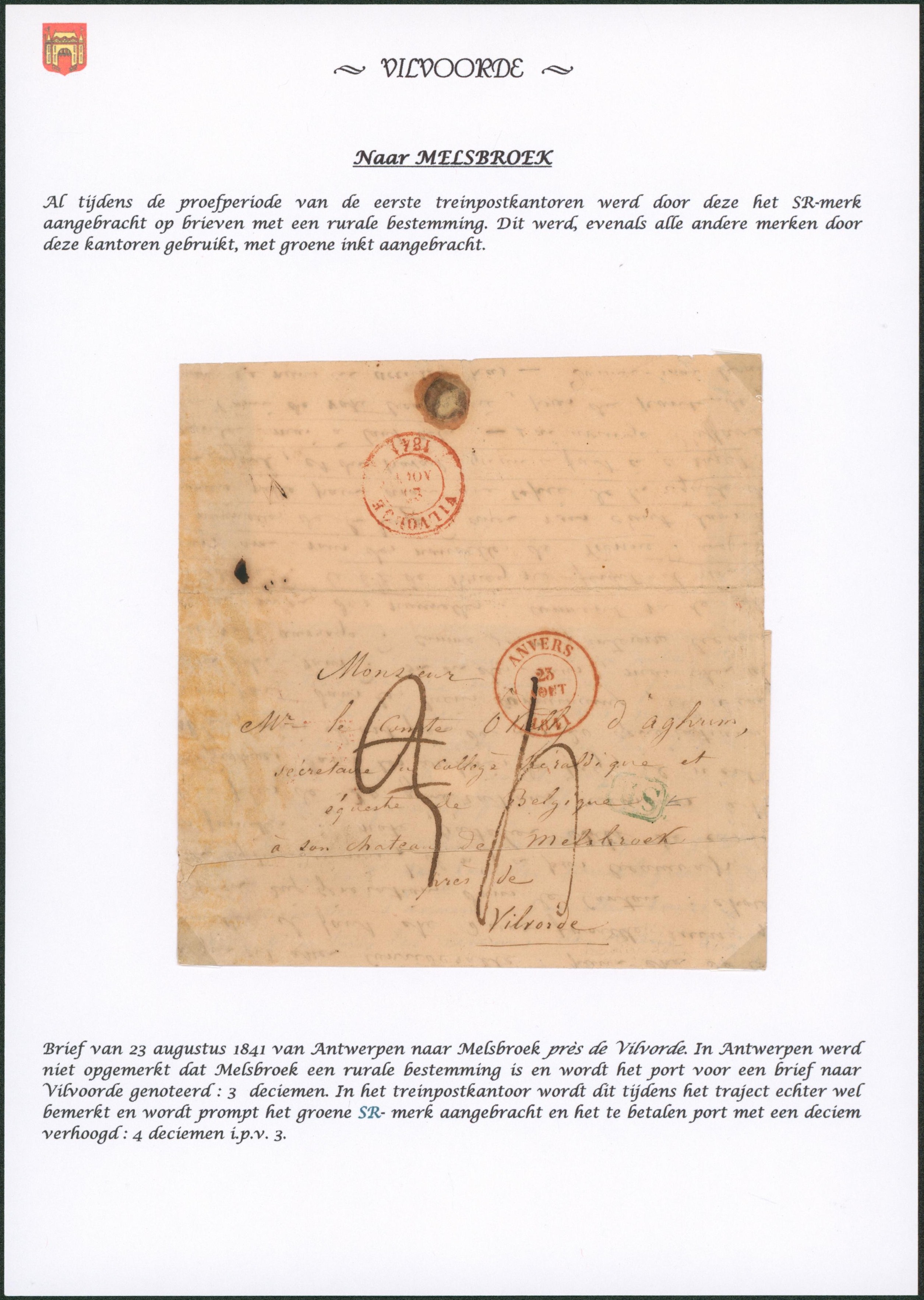 Page de collection - LAC datée de Antwerpen  + cachet dateur et port rectifié 3 à 4 décimes > Melsbroeck près de Vilvorde. 