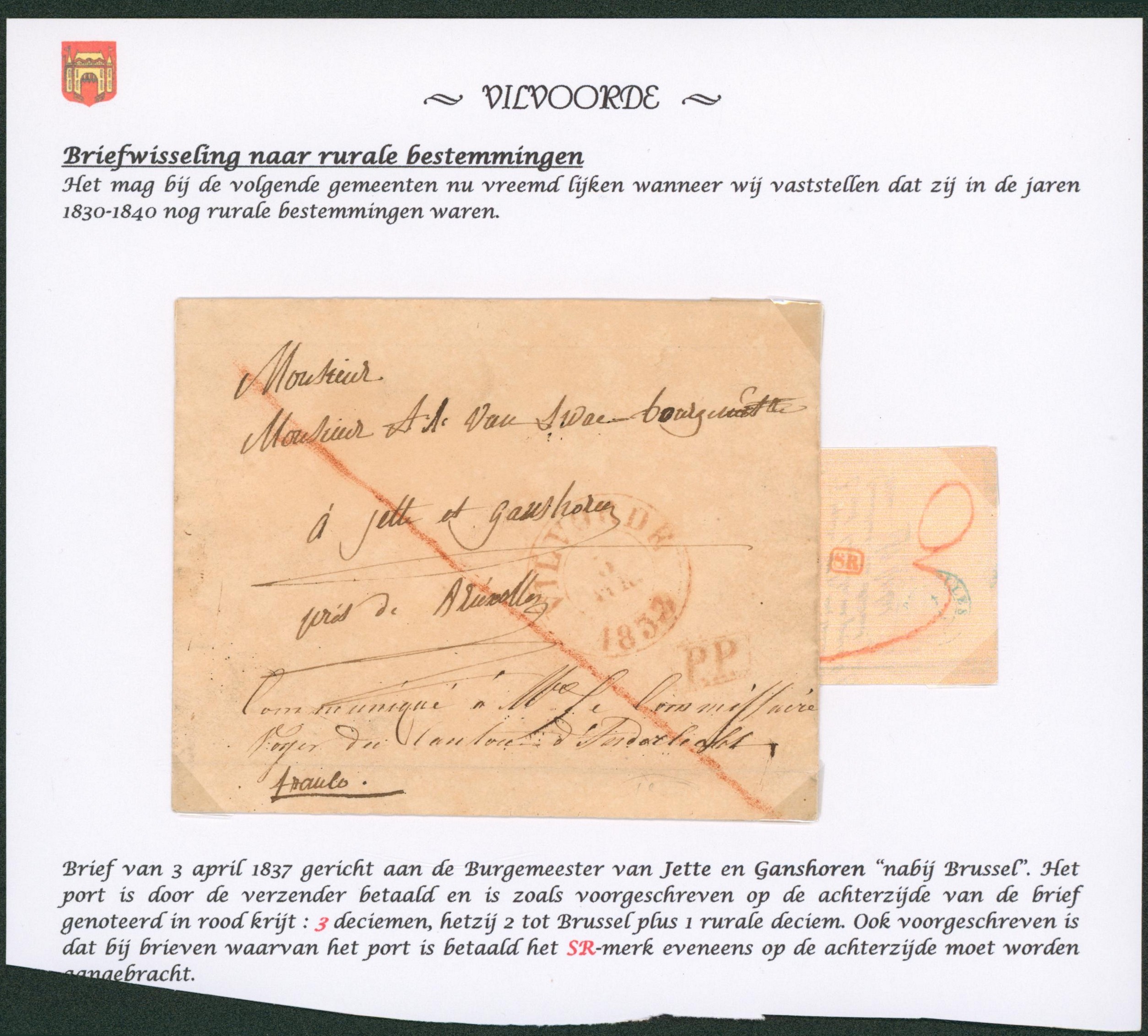 Page de collection - LAC + cachet dateur "Vilvorde" en P.P. (port payé par l'expéditeur çàd inscription à la craie rouge "3" au verso) > Ganshoren, près de Bruxelles. "