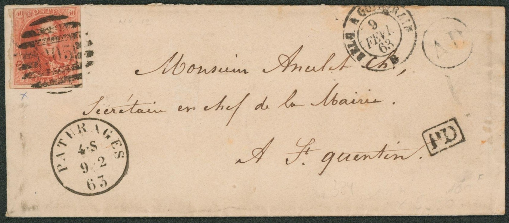 n°12 margé sur petite enveloppe obl P205 (8 barres, Rare) çàd Paturages + boite rurale double littera "AD" > St-Quentin (France). "