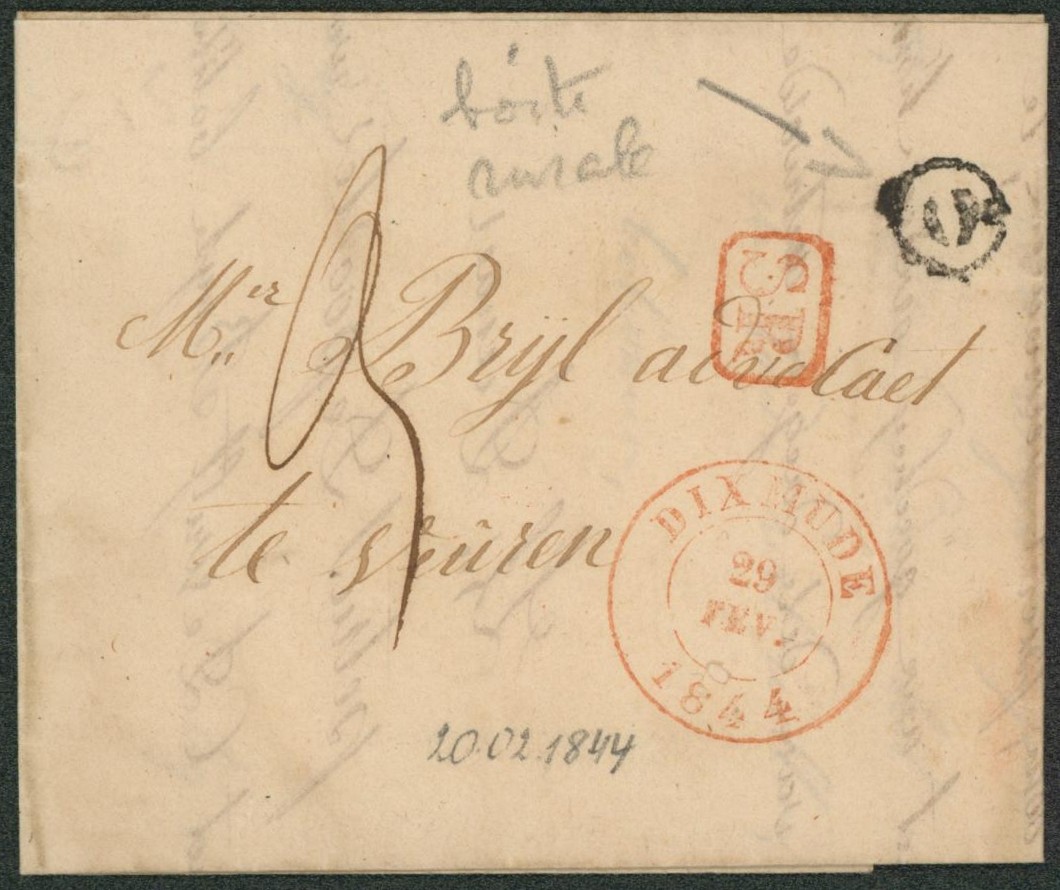 LAC datée de ? (lieu à identifier) çàd Boite rurale "Q" + cachet dateur "Dixmude", port 3 décimes > Veuren, Veurne, Furnes. "