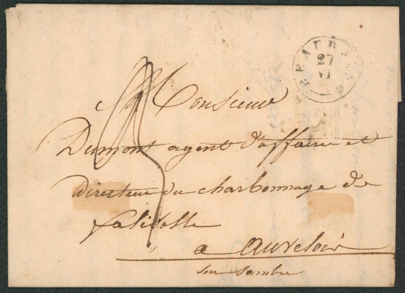 LAC datée de Beauraing (1845) + cachet T18 > directeur du charbonnage de falisolle > Auvelais + Cachet T18 "Spy". "