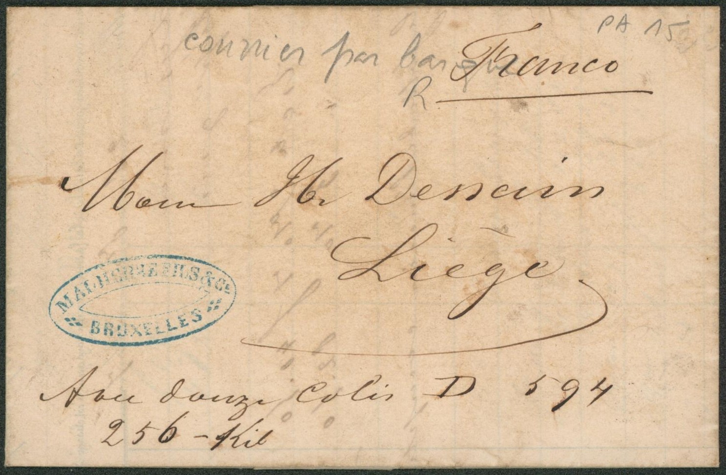 LAC datée de Bruxelles (Papeterie Malhere fils) expédié par Barque D (12 colis) > Liège. 