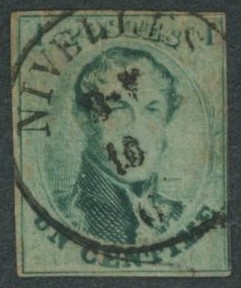 n°9 margé (coin inférieur droit au filet) obl double cercle "Nivelles". "