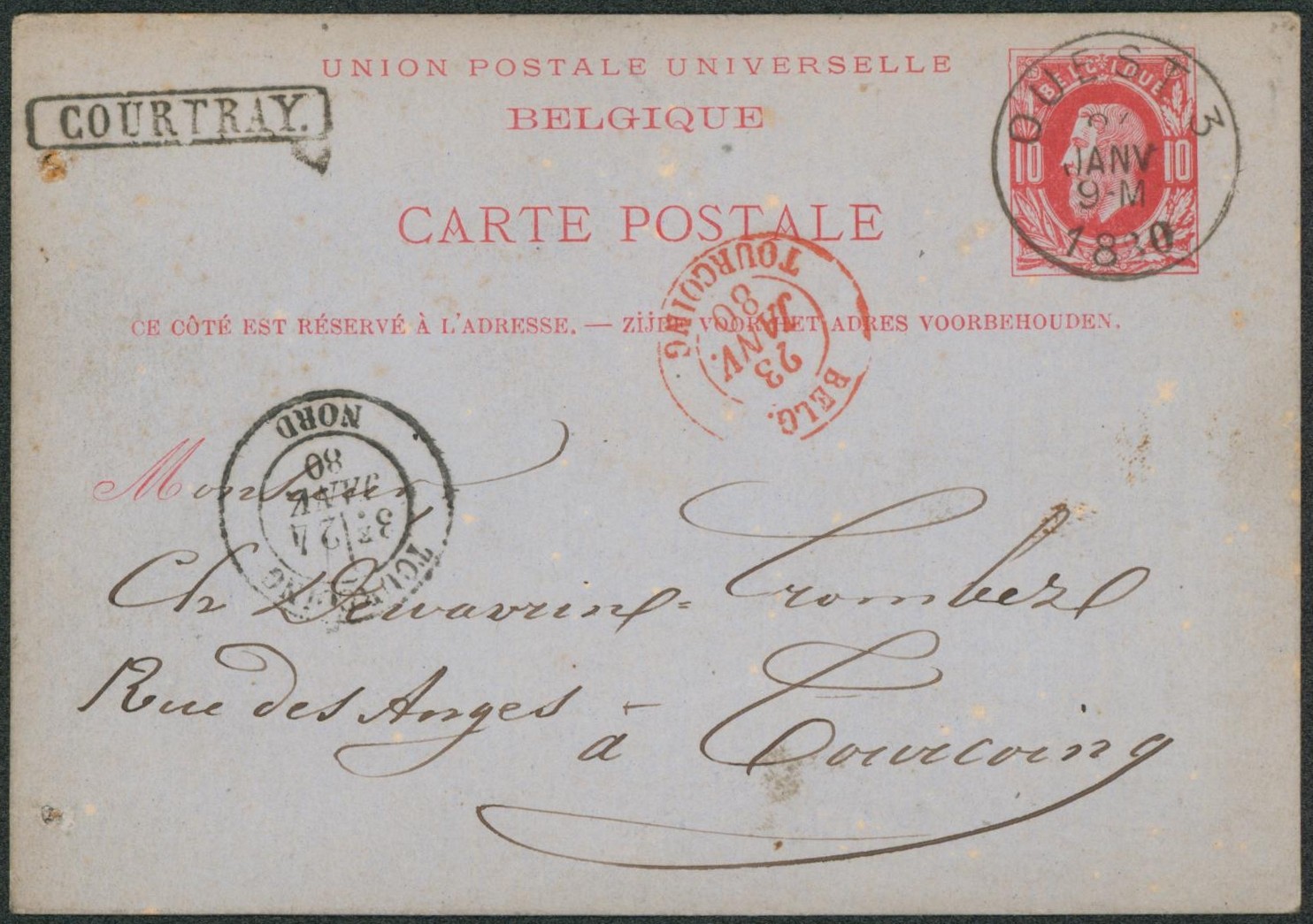 EP au type 10ctm rouge obl ambulant "Est 3" (3 plat) + griffe encadrée COURTRAY > Tourcoing. "