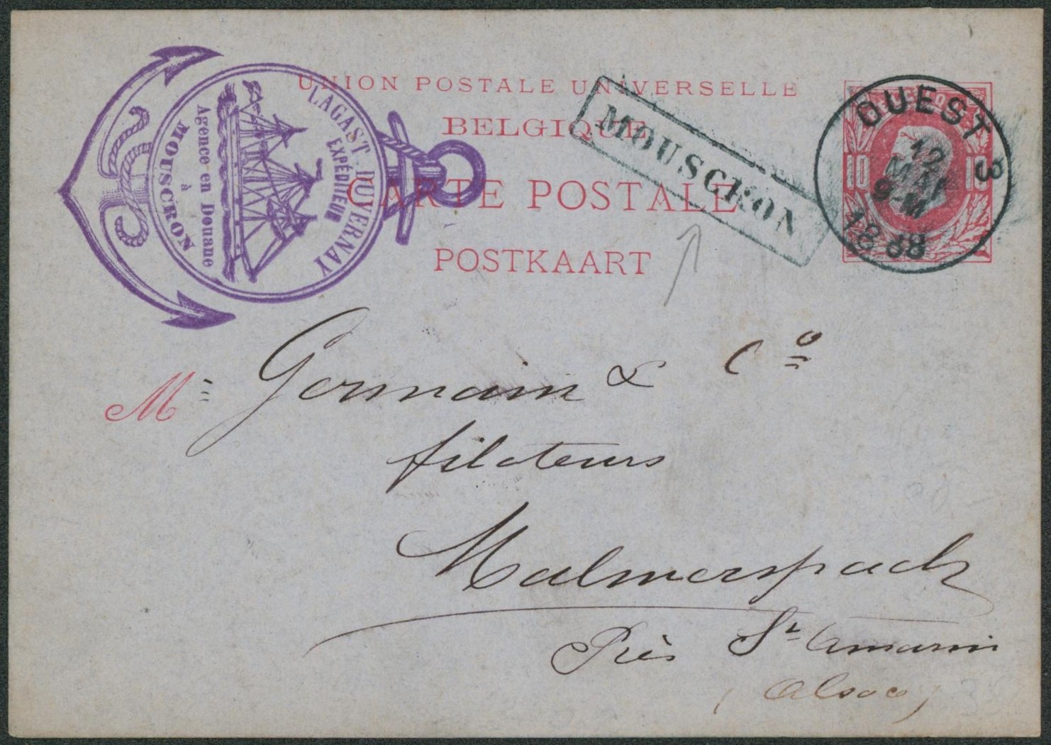 EP au type 10ctm rouge obl ambulant "Est 3" (3 rond) + griffe encadrée MOUSCRON (agence en douane) > Malmerspach (France) "