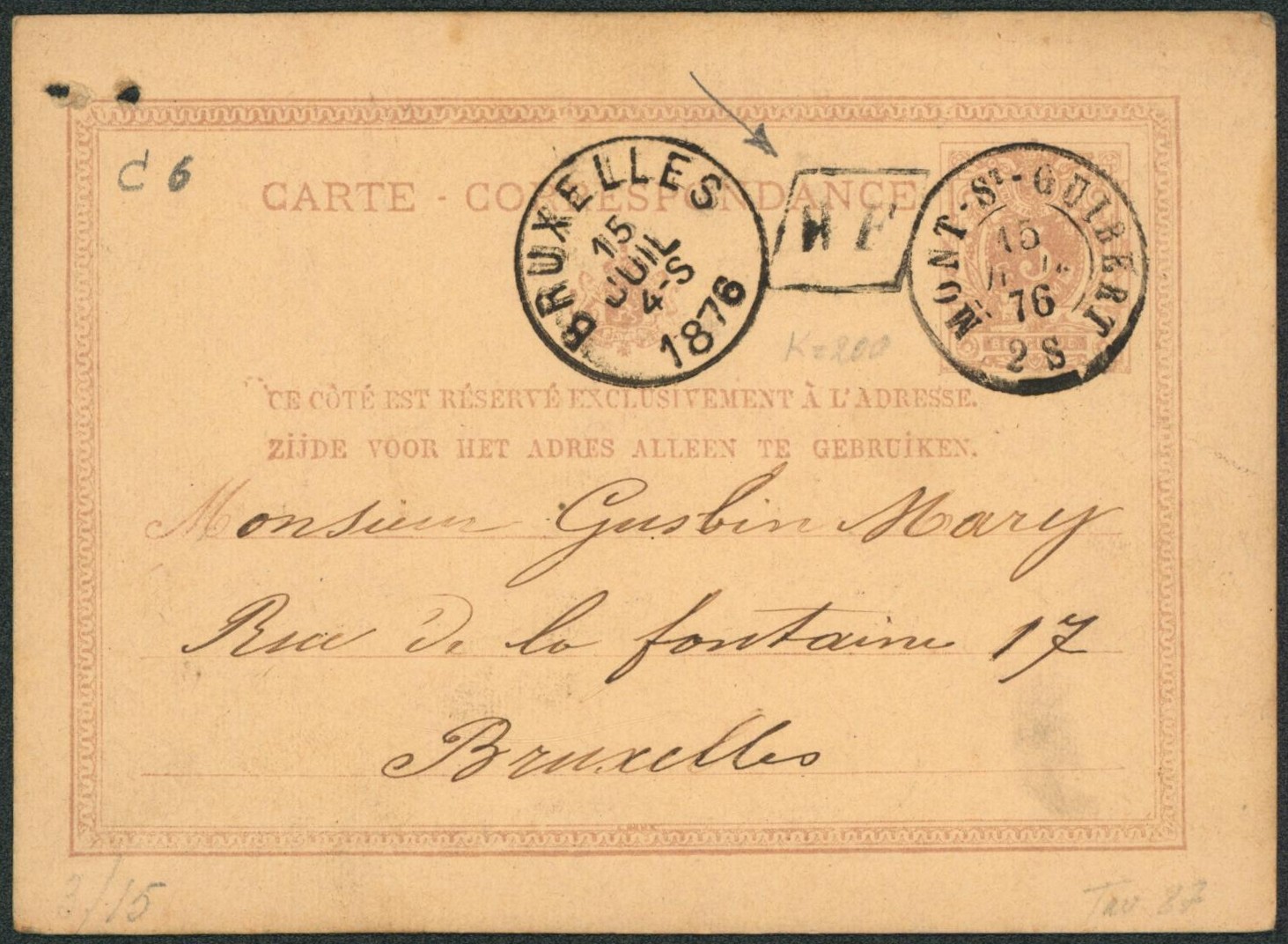 EP au type 5ctm mauve obl double cercle "Mont-St-Guibert" + boite rurale (Tourinne-St-Lambert) > Bruxelles"