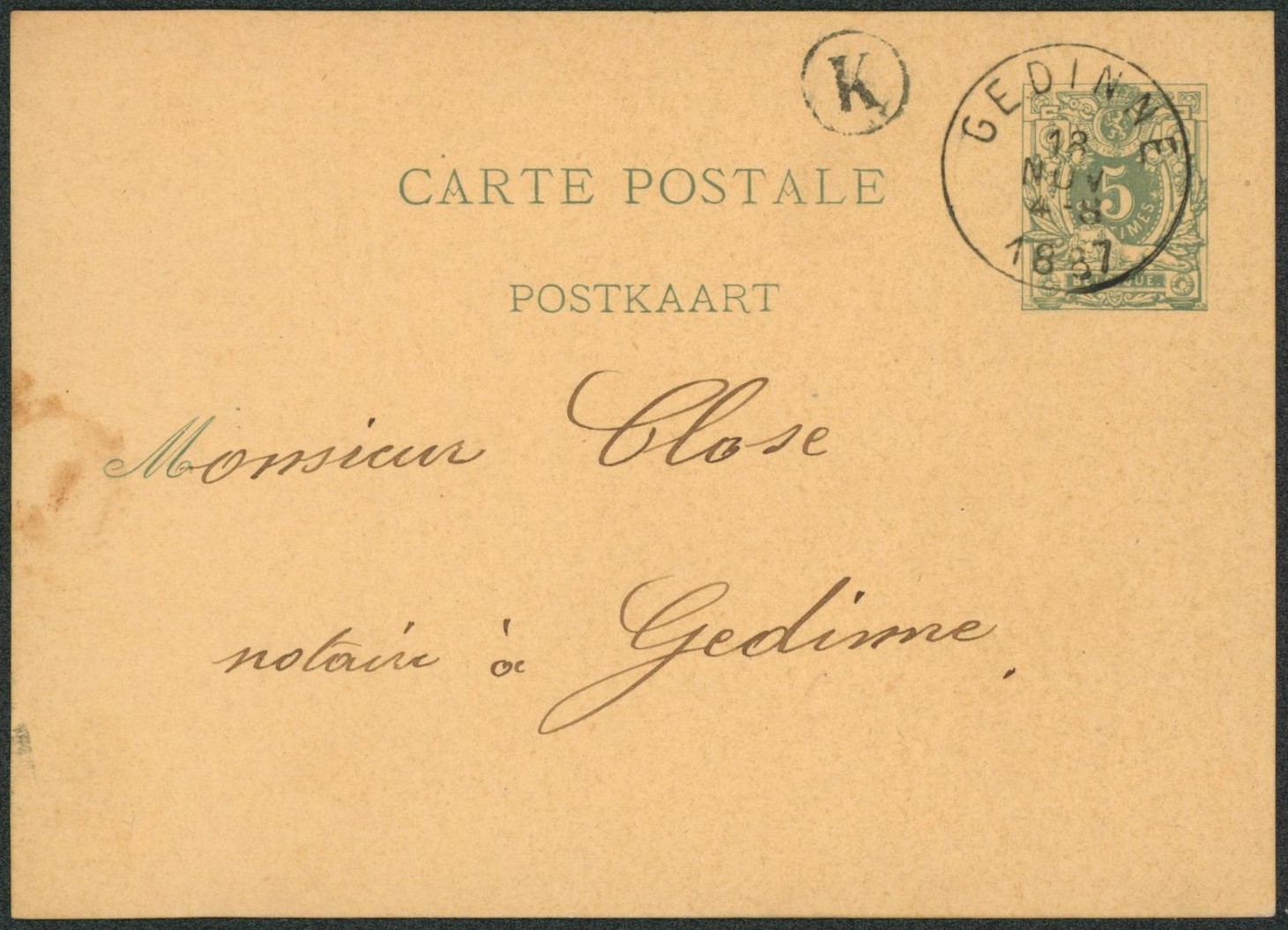 EP au type 5ctm vert obl simple cercle "Gedinne" + boite rurale "K" (Willerzie) > Gedinne"