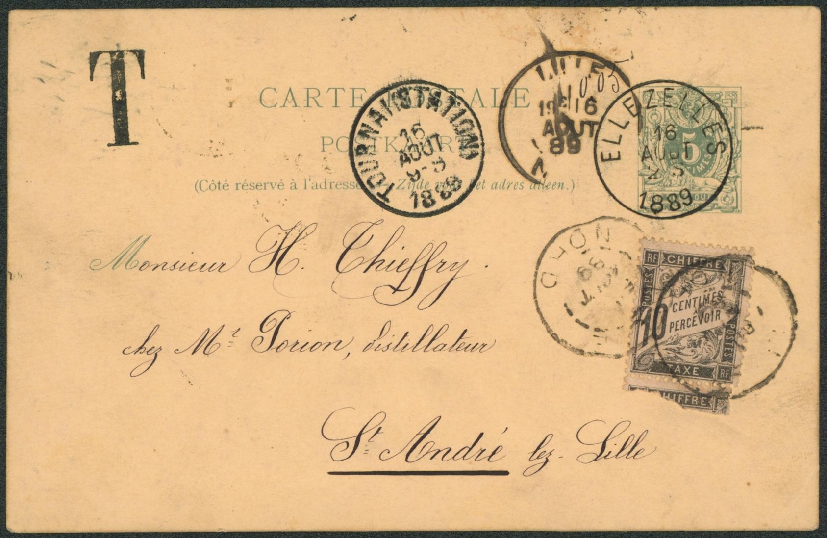 EP au type 5ctm vert obl simple cercle "Ellezelles" > St-André-Lez-Lille (France), taxé à 10ctm. TB "