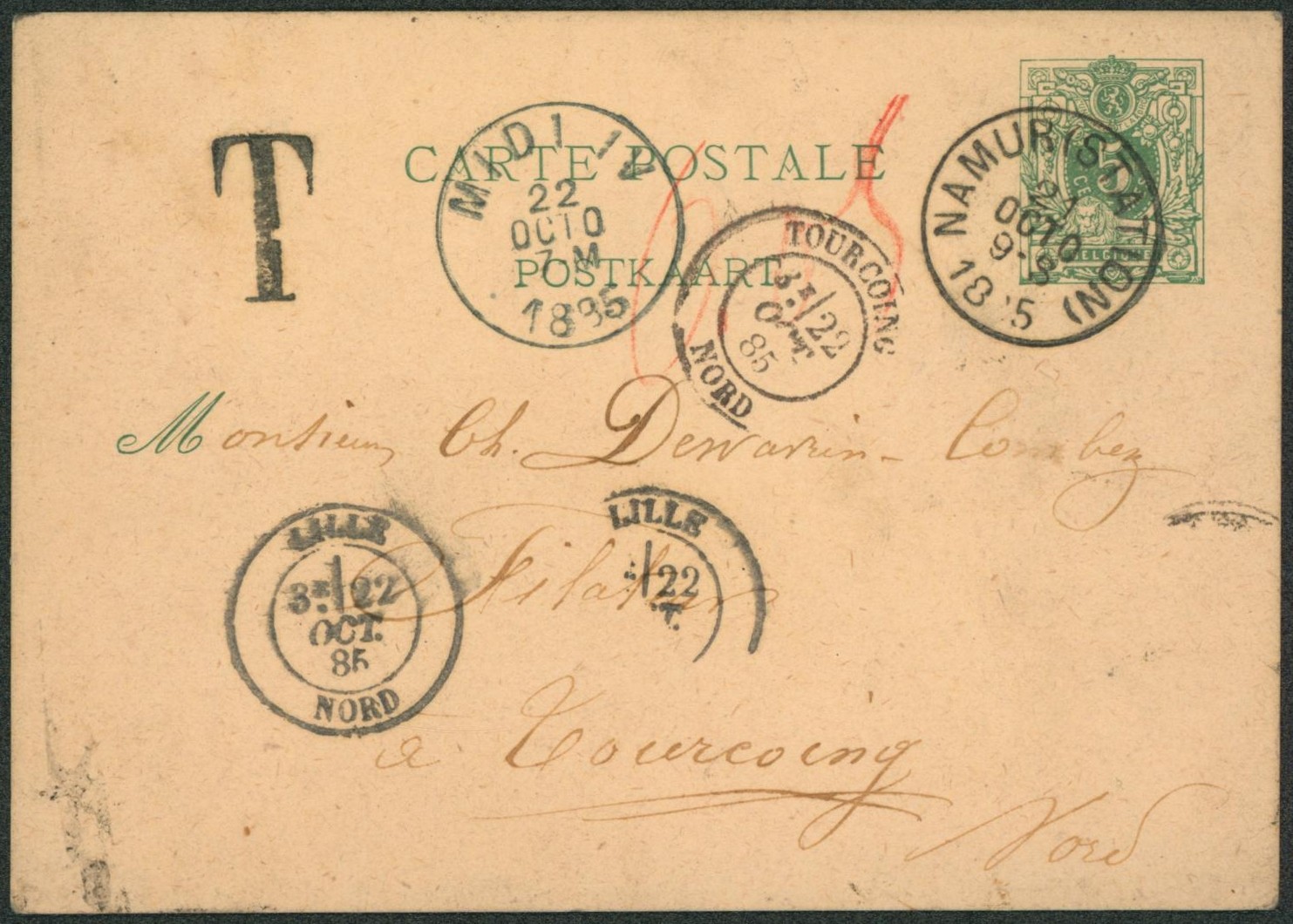 EP au type 5ctm vert obl simple cercle "Namur (station)" + passage "Midi IV" > Tourcoing + T en noir / Taxe"