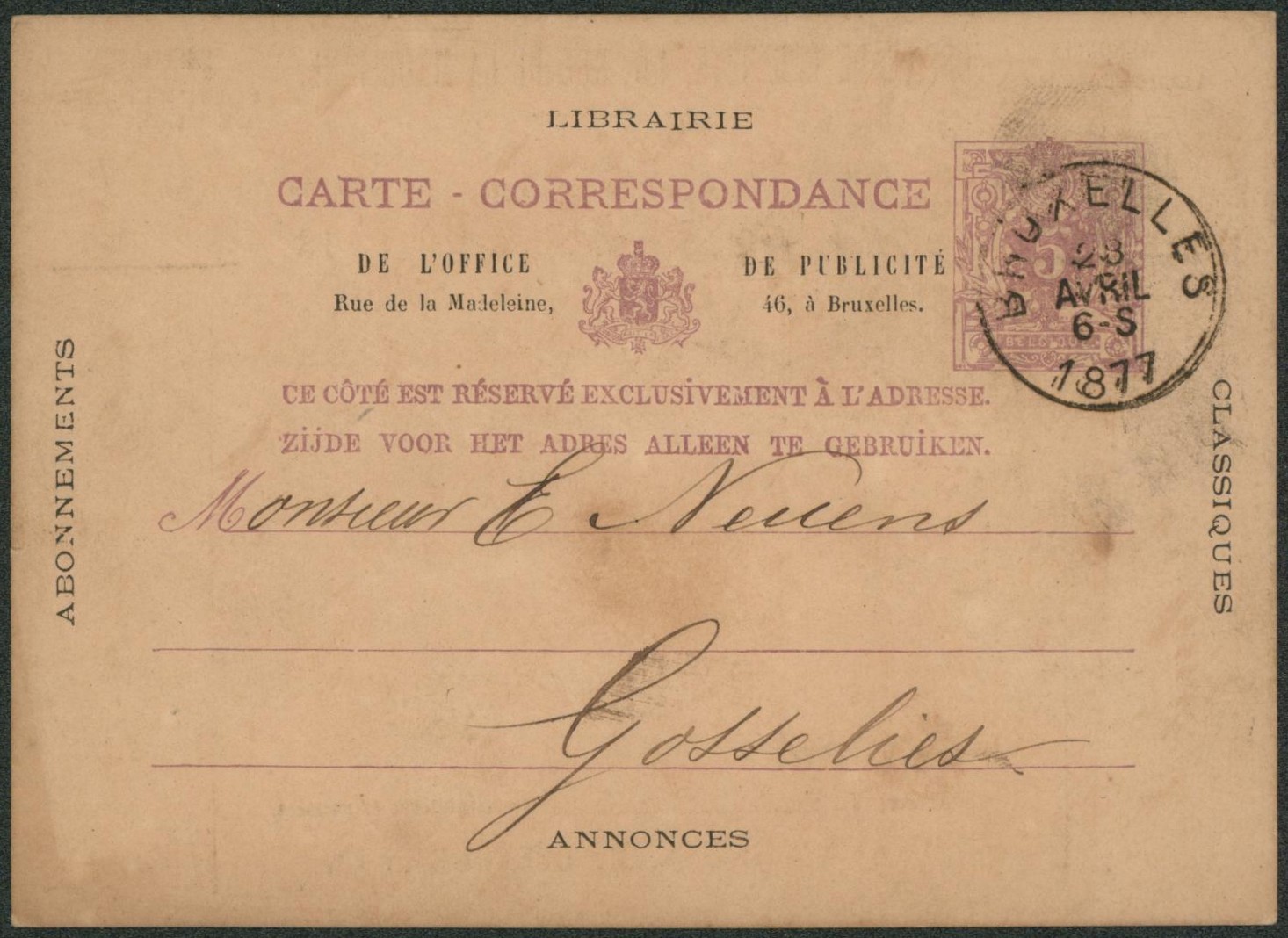 EP au type 5ctm mauve + repiquage (recto / verso, Librairie) de Bruxelles > Gosselies. 