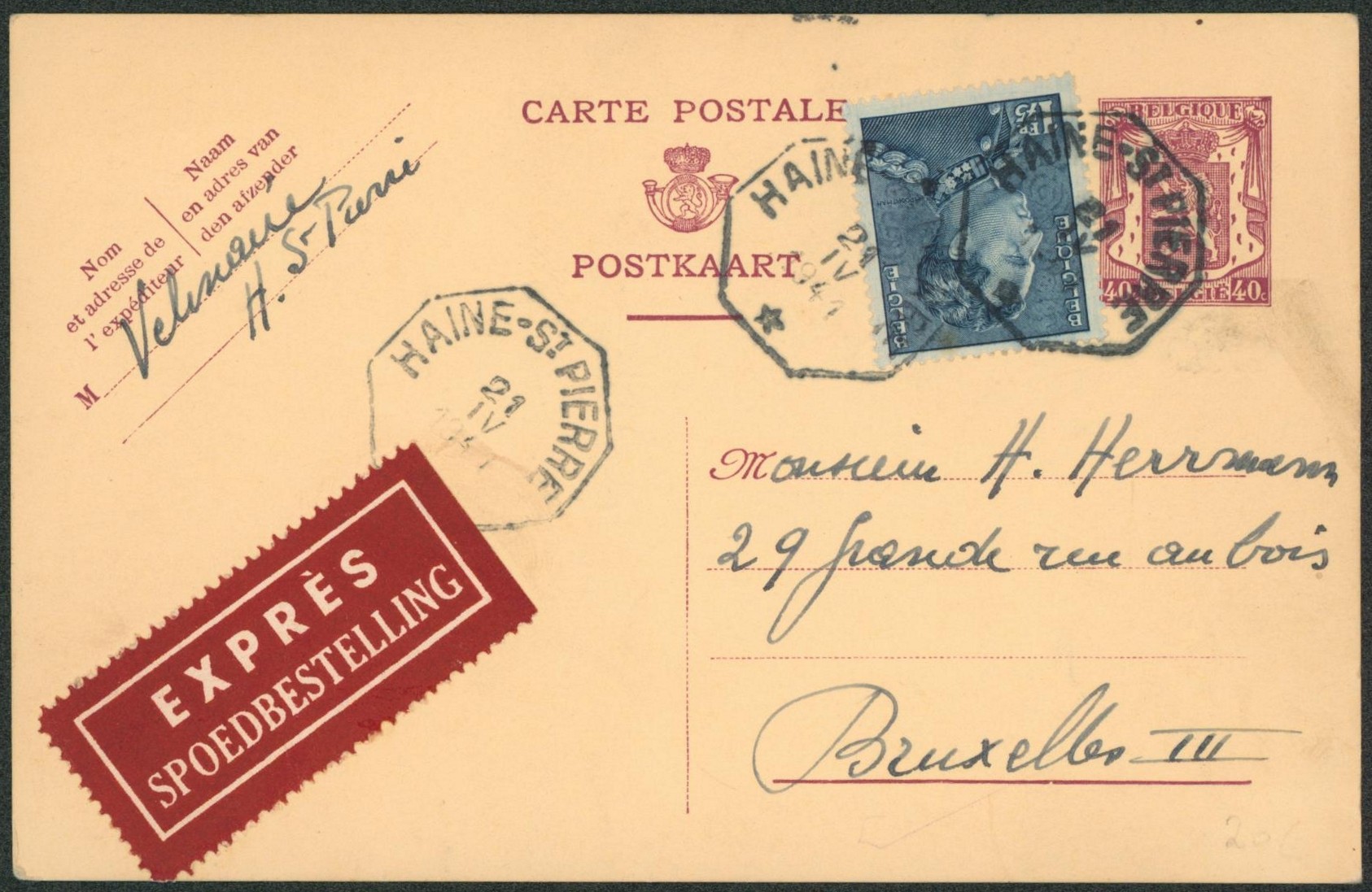 EP au type 40ctm lilas petit sceau + n°430 en expres obl télégraphique "Haine-St-Pierre" > Bruxelles"