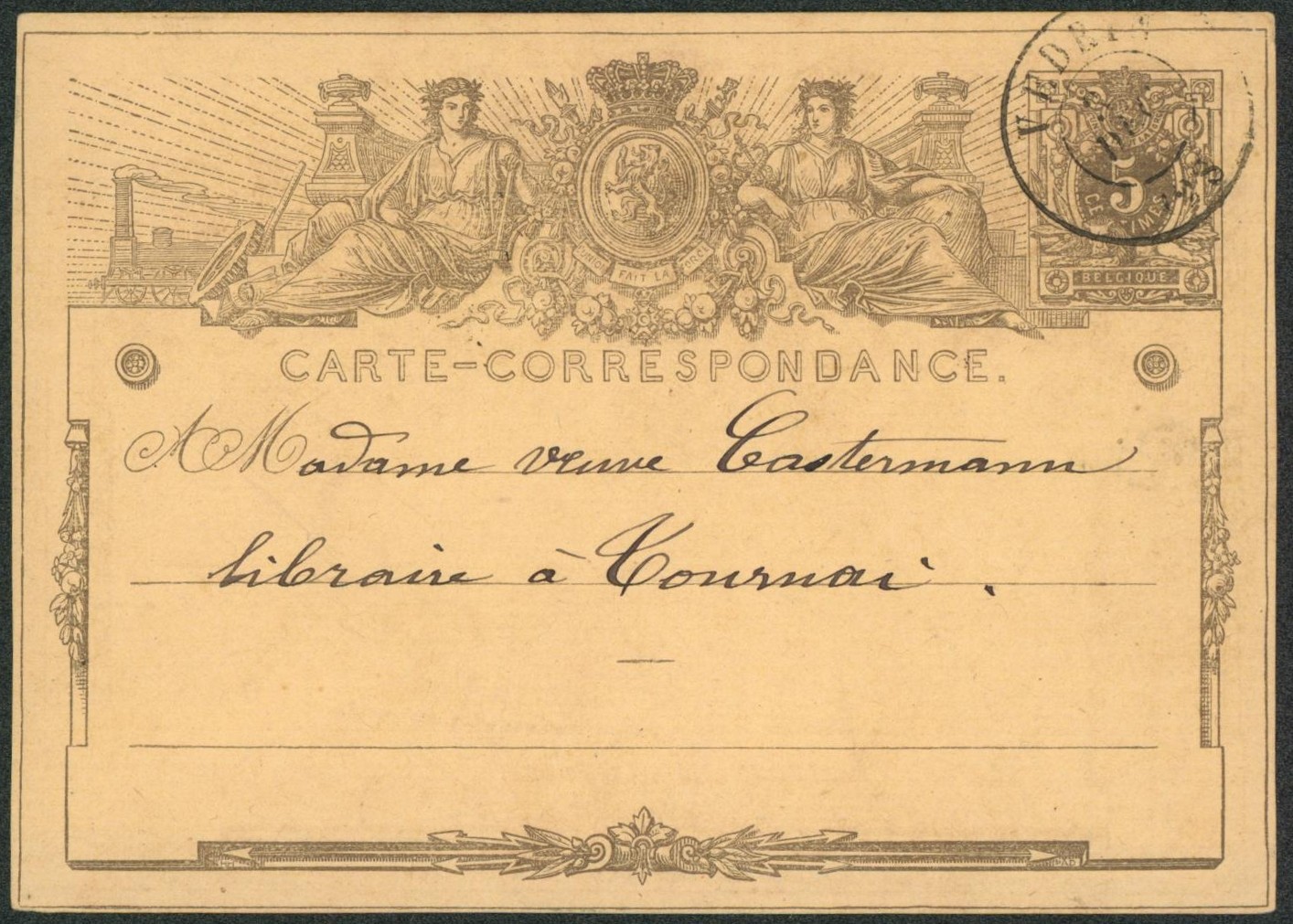 EP au type 5ctm gris obl double cercle "Vedrin" > Tournai.  Superbe "