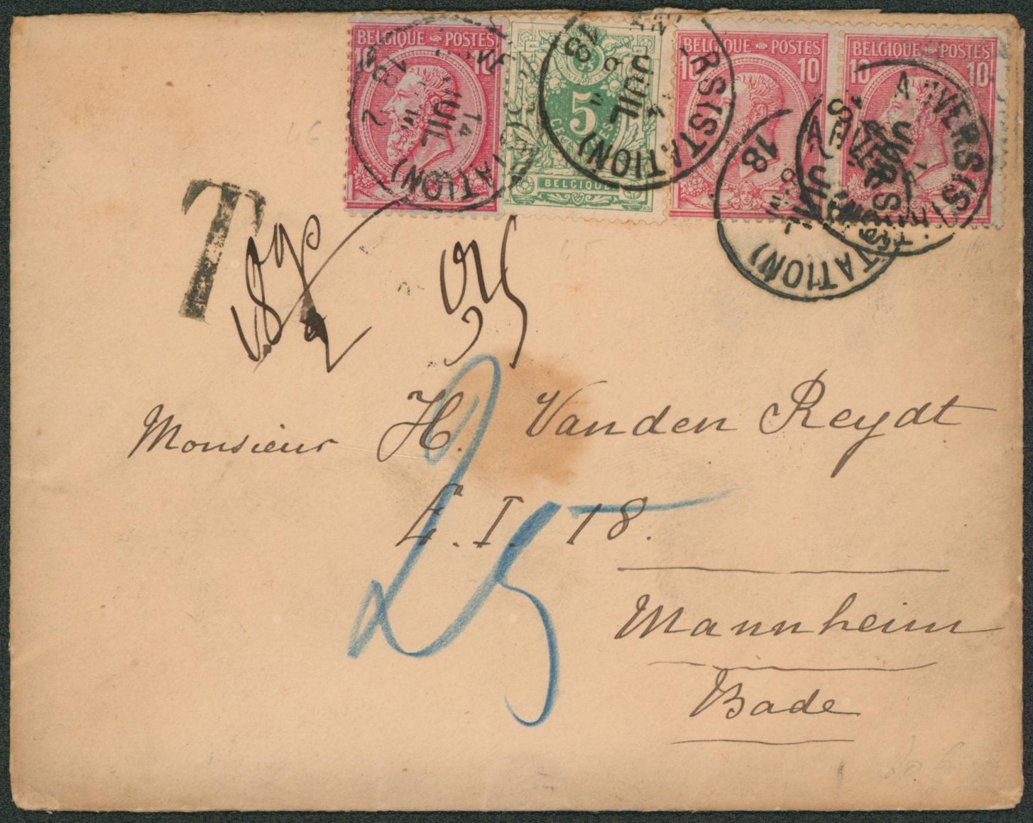n°45 et 46 x3 sur lettre (18g, double port) expédié de Anvers (Station) > Mannheim (Allemagne), taxé car port insuffisant. 