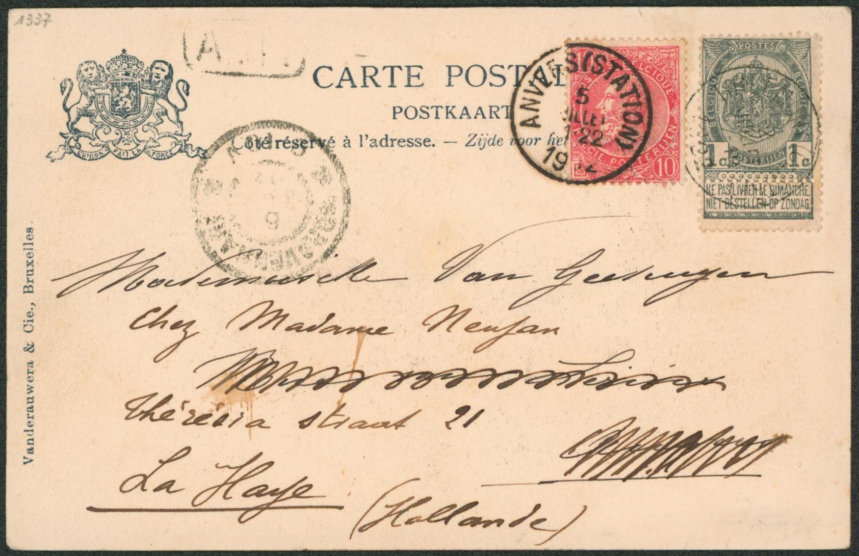 n°53 sur CP vue expédiée de Tirlemont > Anvers. Réexpédiée par n°58 > La Haye (Hollande). 