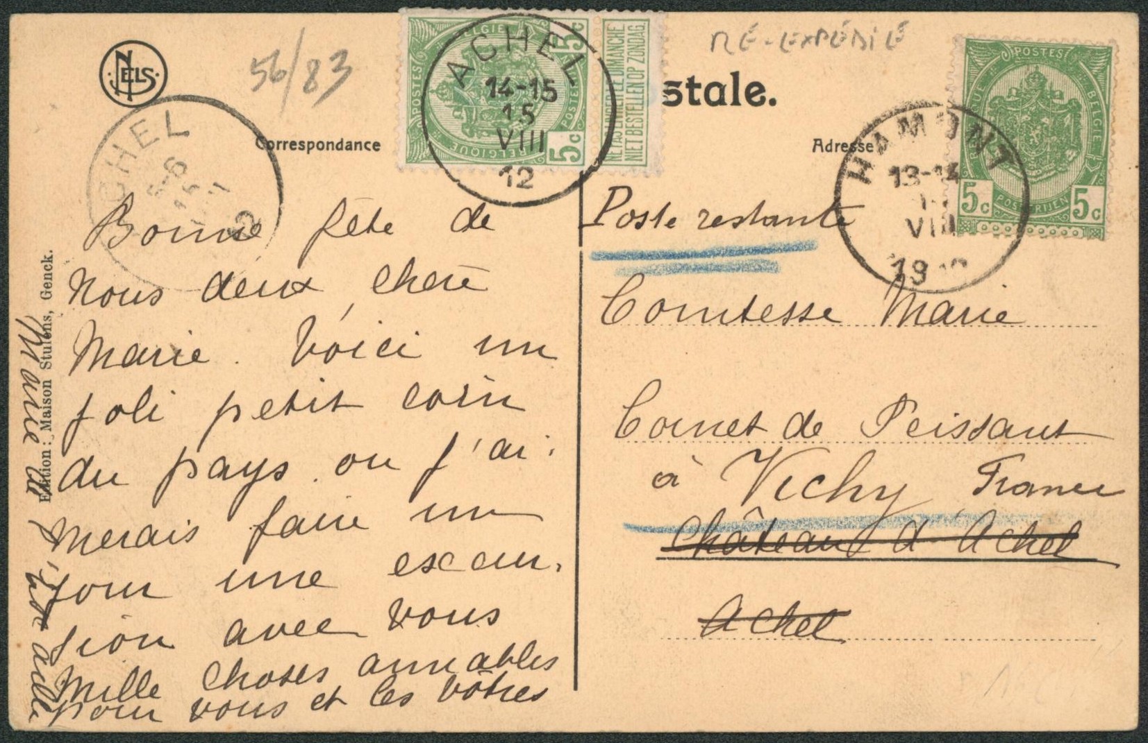n°56 sur CP vue expédiée de Hamont > Achel. Réexpédiée par n°56 > poste restante à Vichy (France). 