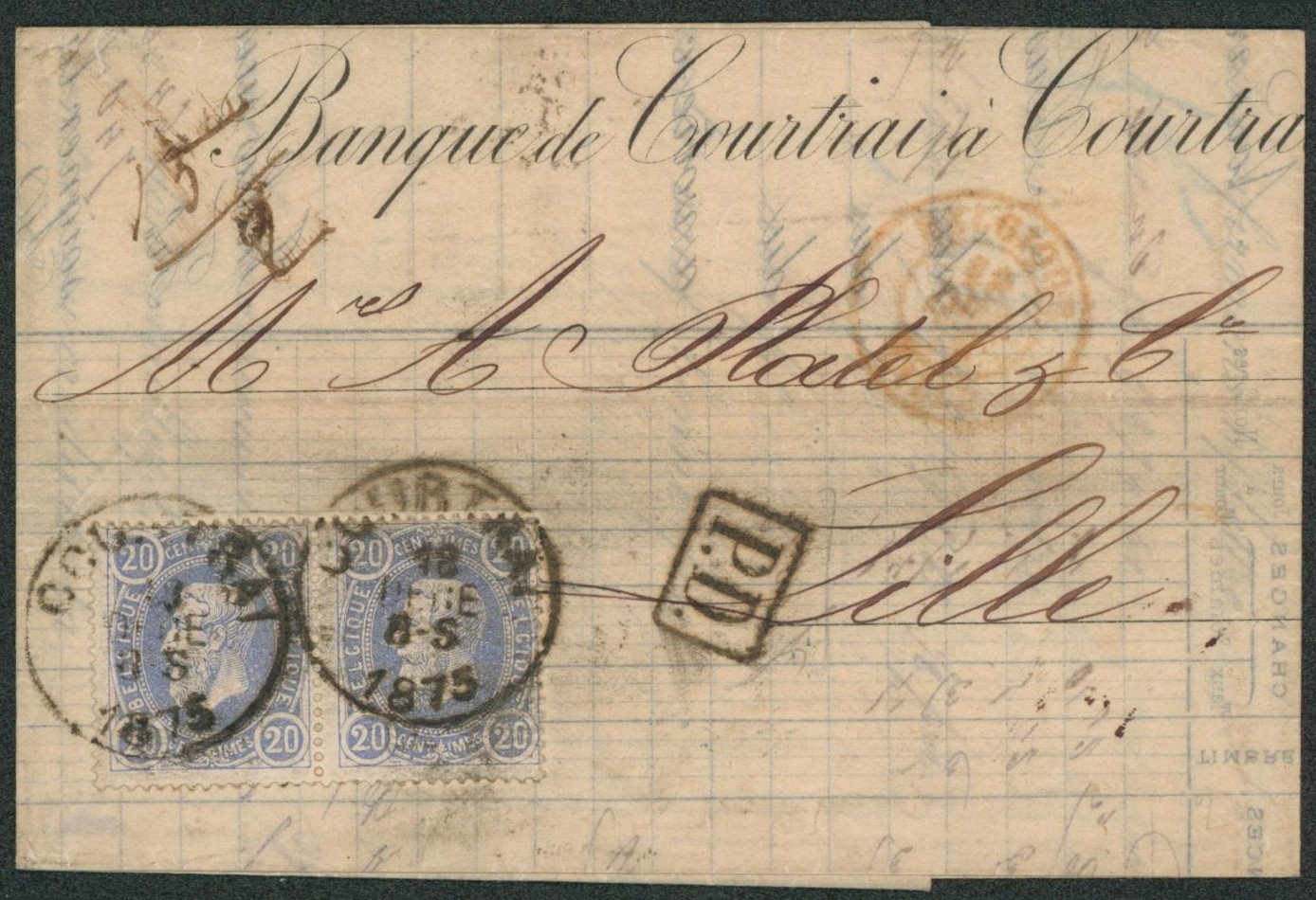 n°31 x2 sur LAC obl simple cercle "Courtrai" (Port frontalier, double port) > Lille. "